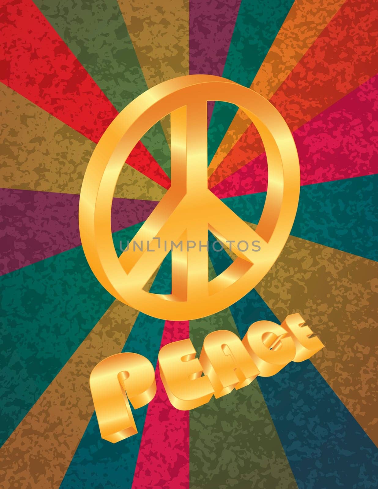 Golden Peace Symbol and Text on Colorful Rays Texture Background Illustration