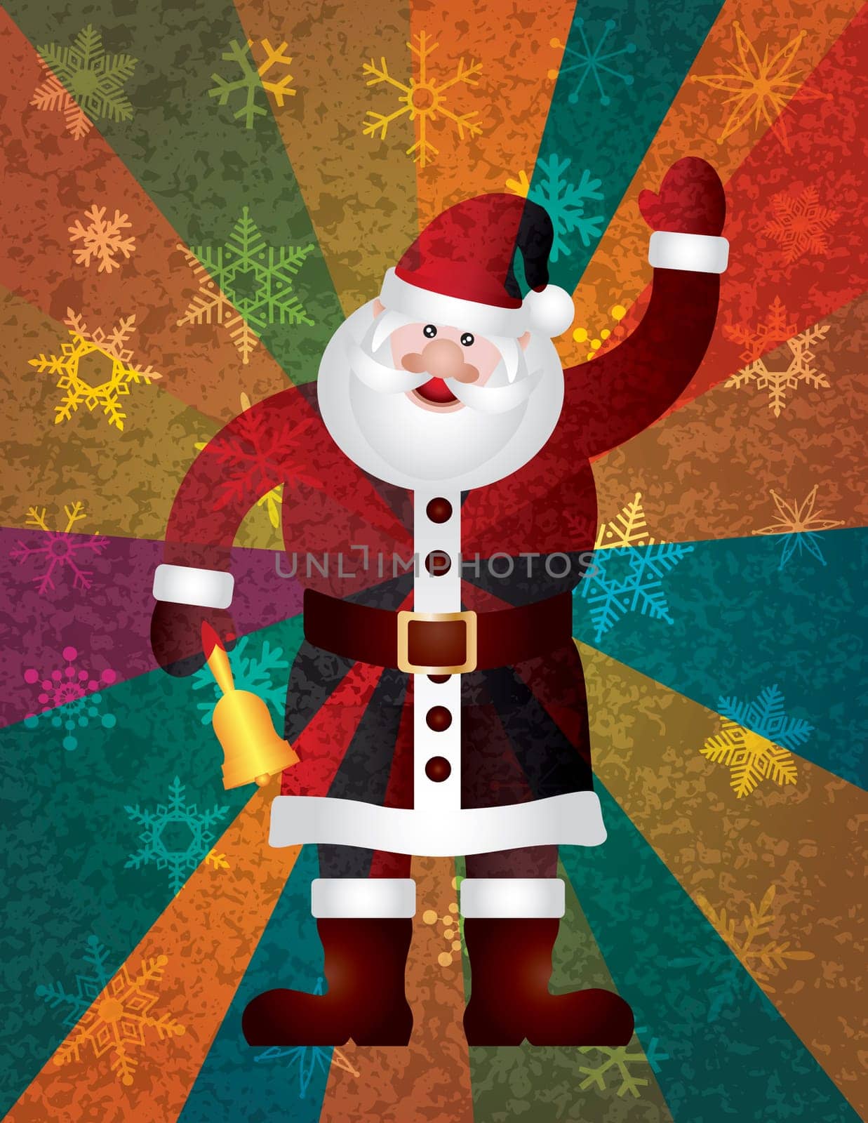 Christmas Santa Claus Ringing Bell and Waving on Snowflakes and Colorful Rays Texture Background Illustration