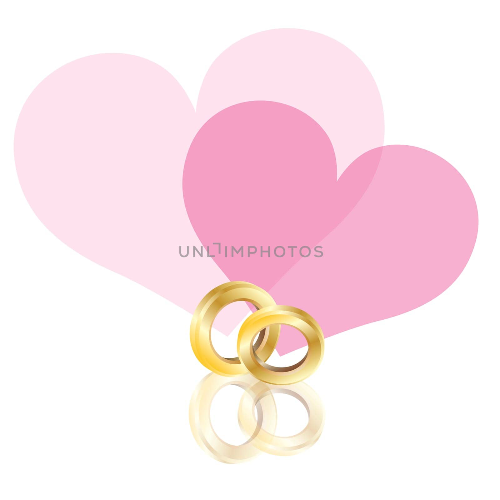 Wedding Rings Gold Band with Couple Pink Hearts Isolated on White Background Illustration