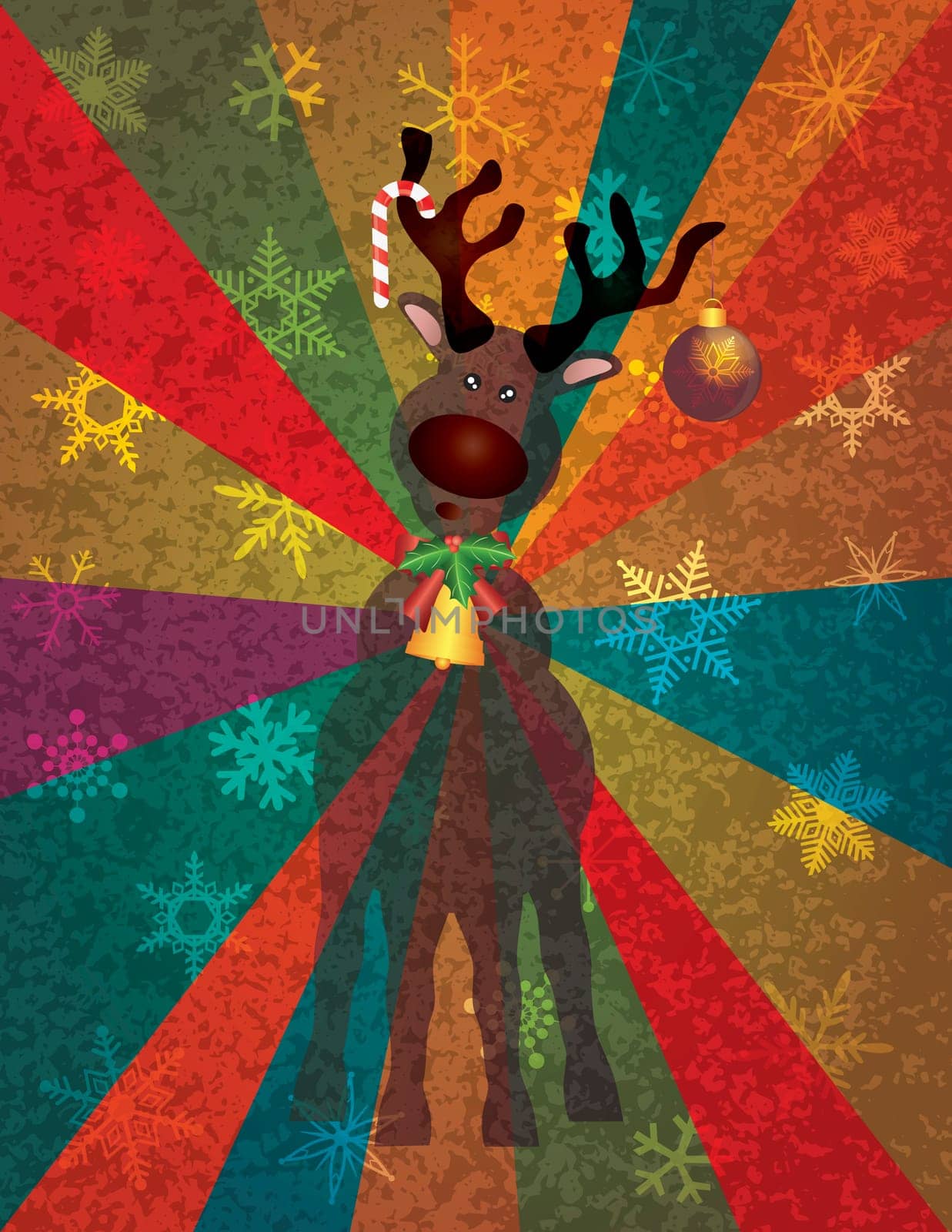 Christmas Reindeer with Bells Candy Cane Tree Ornament on Snowflakes and Colorful Rays Texture Background Illustration