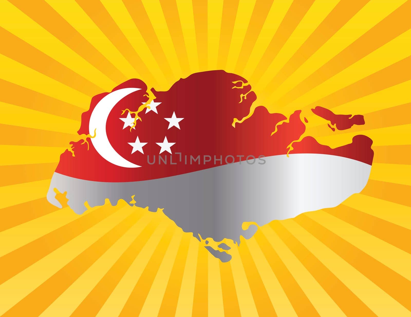 Singapore Flag in Country Map Silhouette on Sun Rays Background Illustration