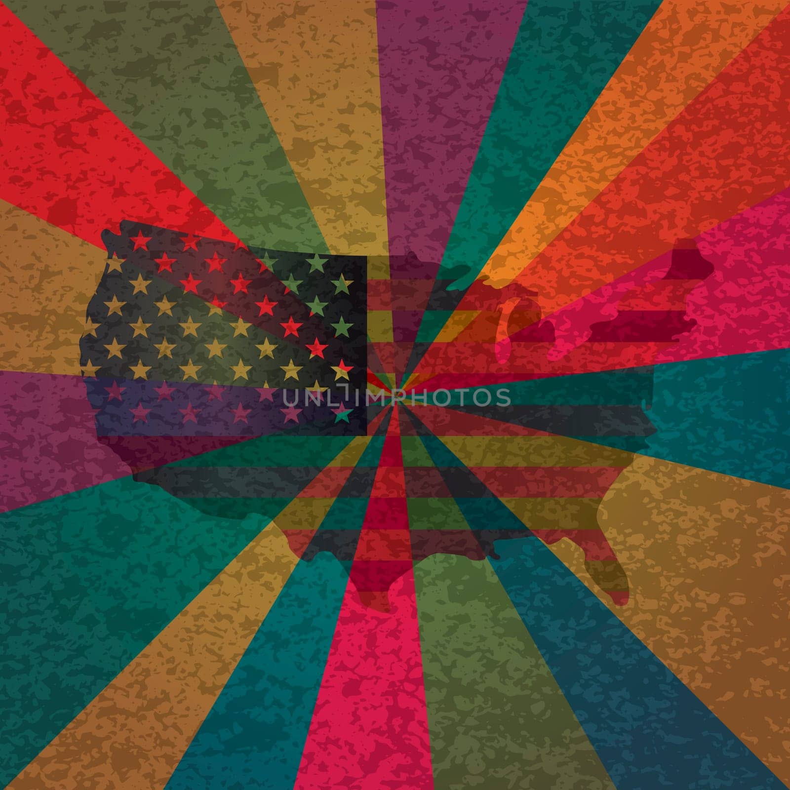 USA Flag in Map Silhouette with Colorful Rays and Texture Background Illustration