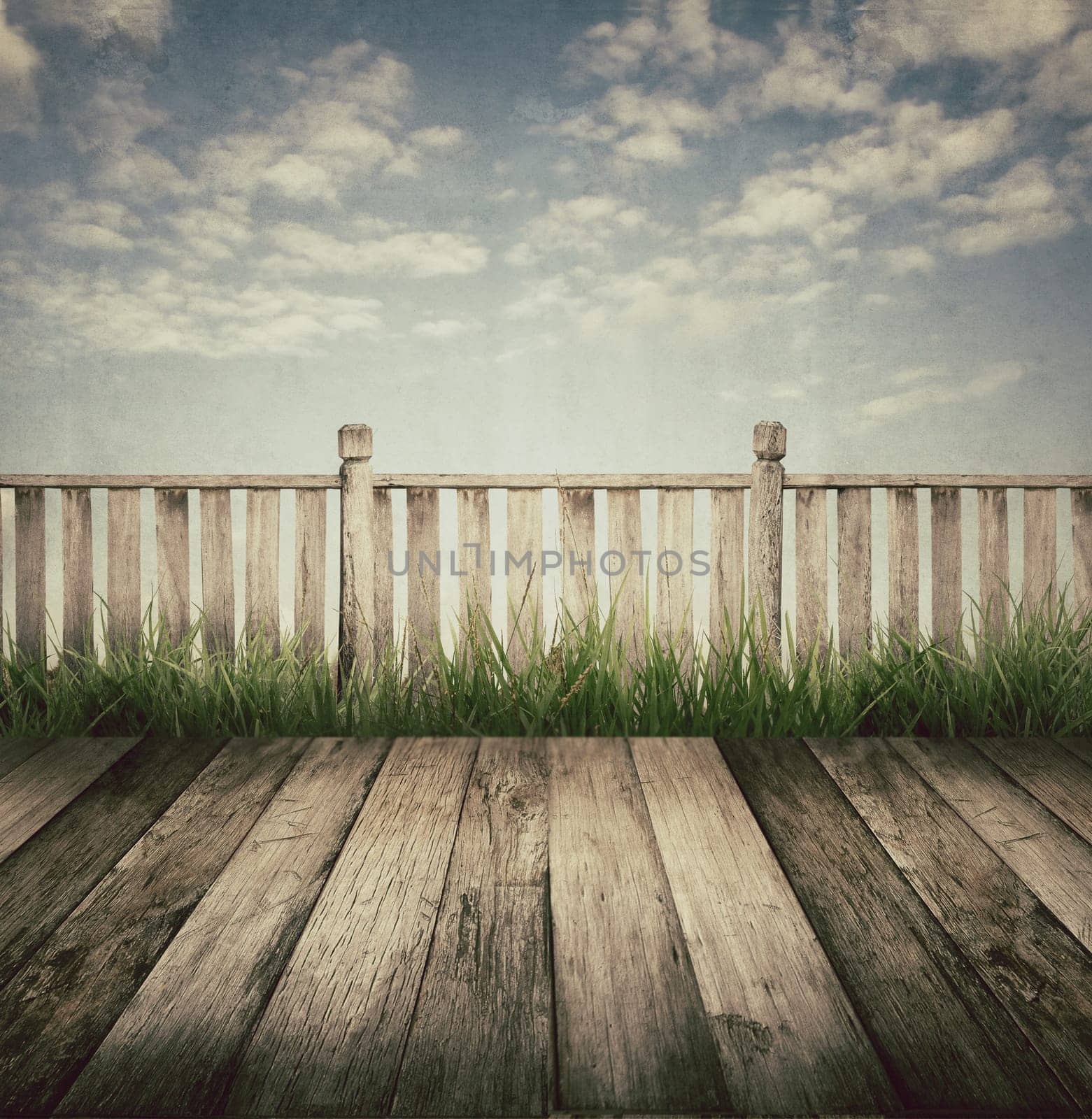 old wooden terrace and blue sky, vintage style