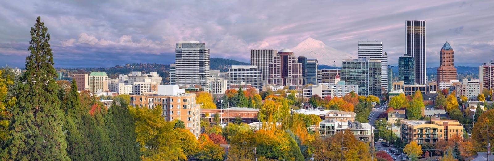 Portland Oregon Downtown City Skyline with Mount Hood in the Fall Panorama