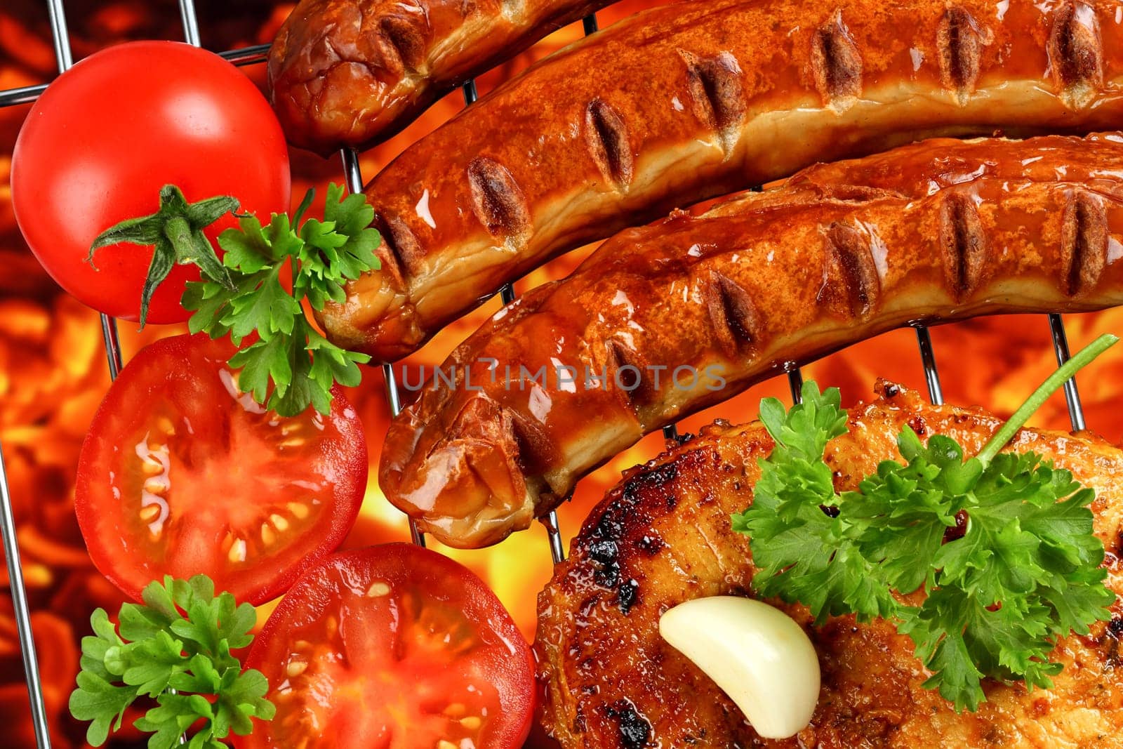 Grilled meat and vegetables on charcoal grill.