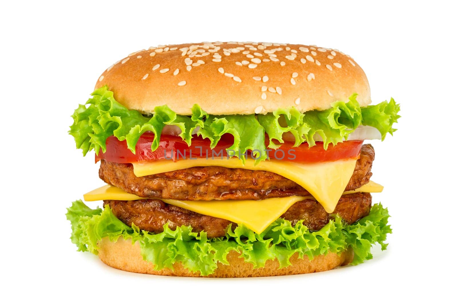 Double cheeseburger in front of white background