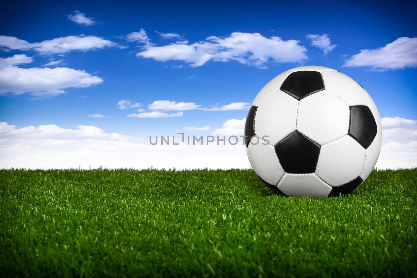 a soccerball on a green meadow in front of blue sky