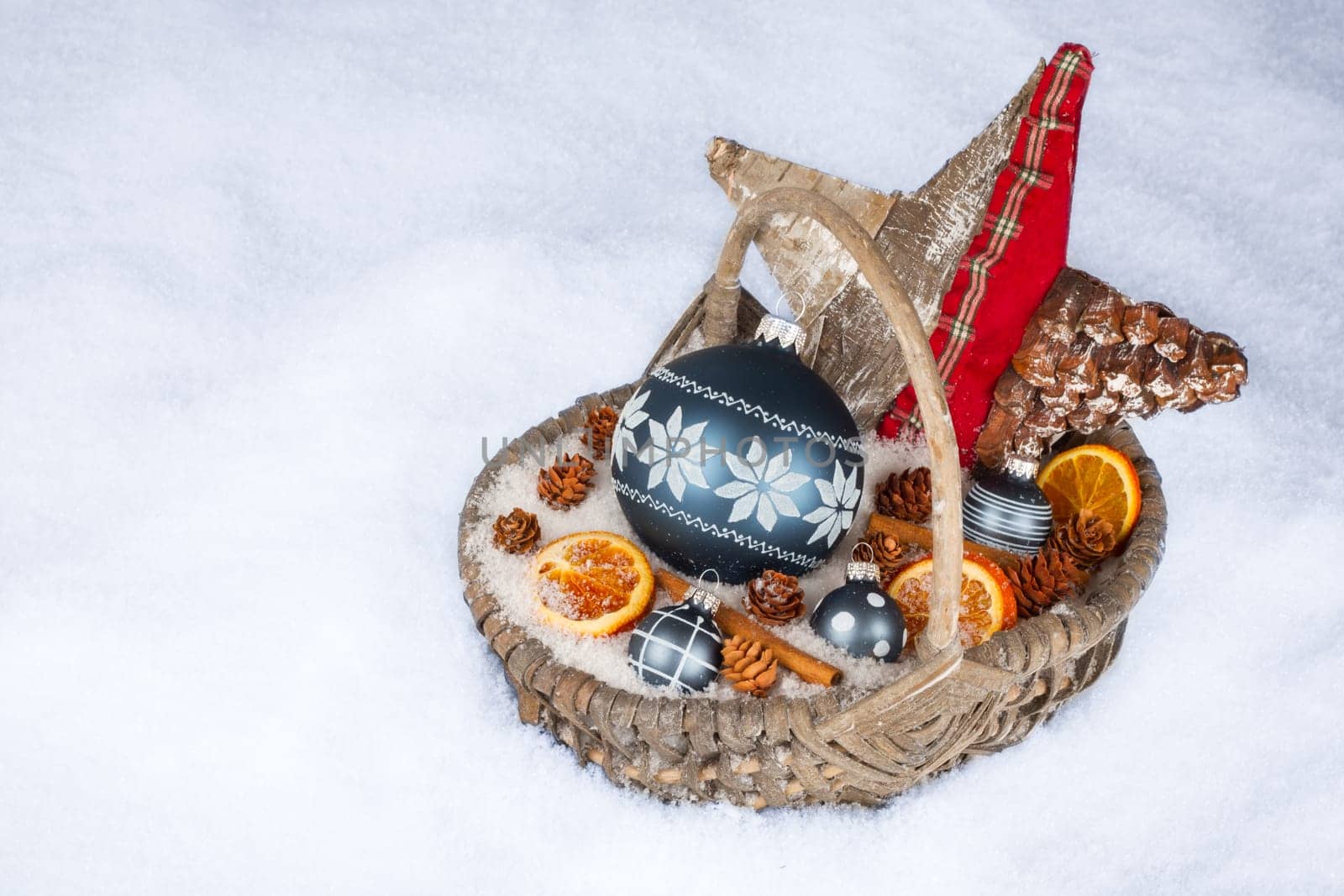 decorated Christmas basket in the snow
