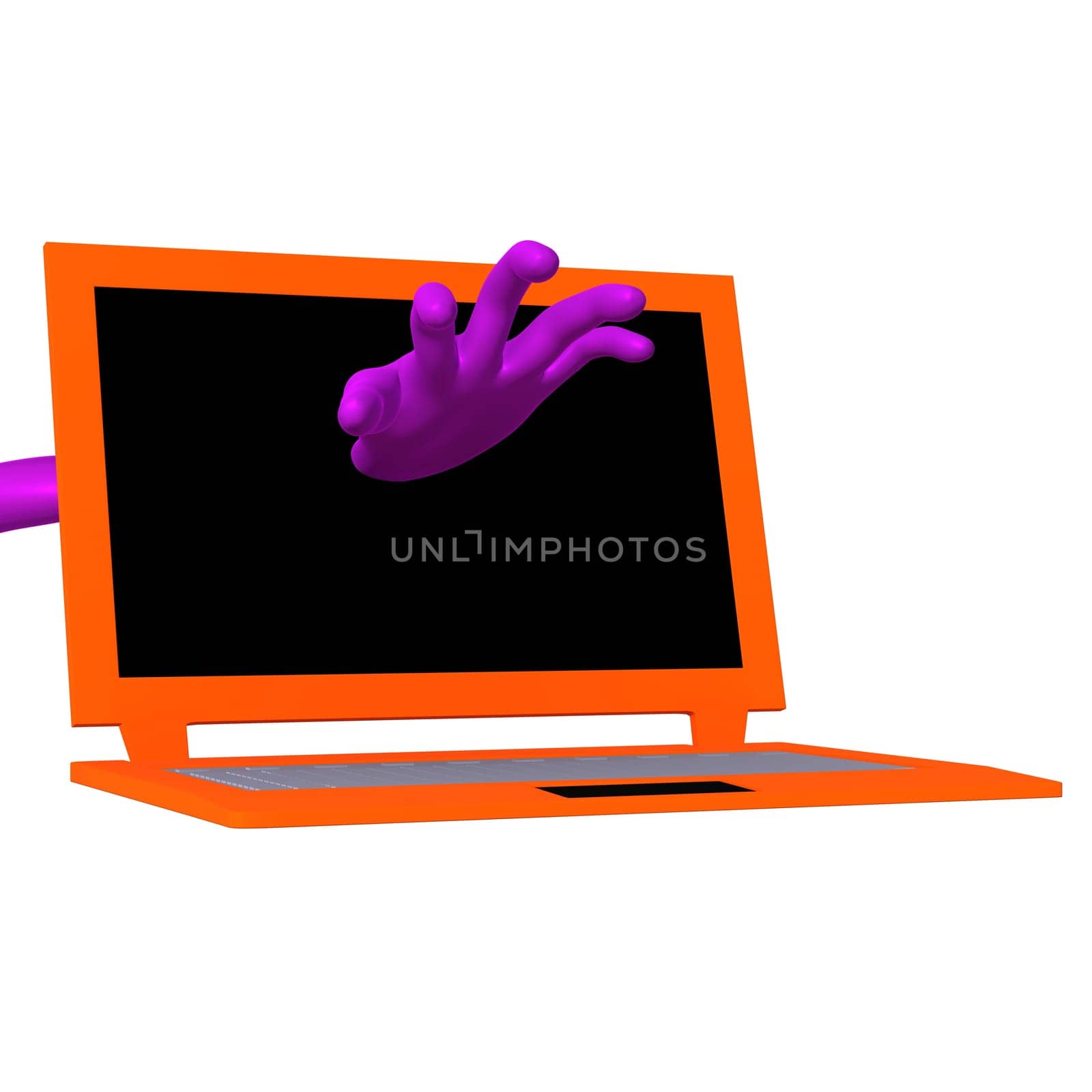 Under view puppet hand going through laptop screen