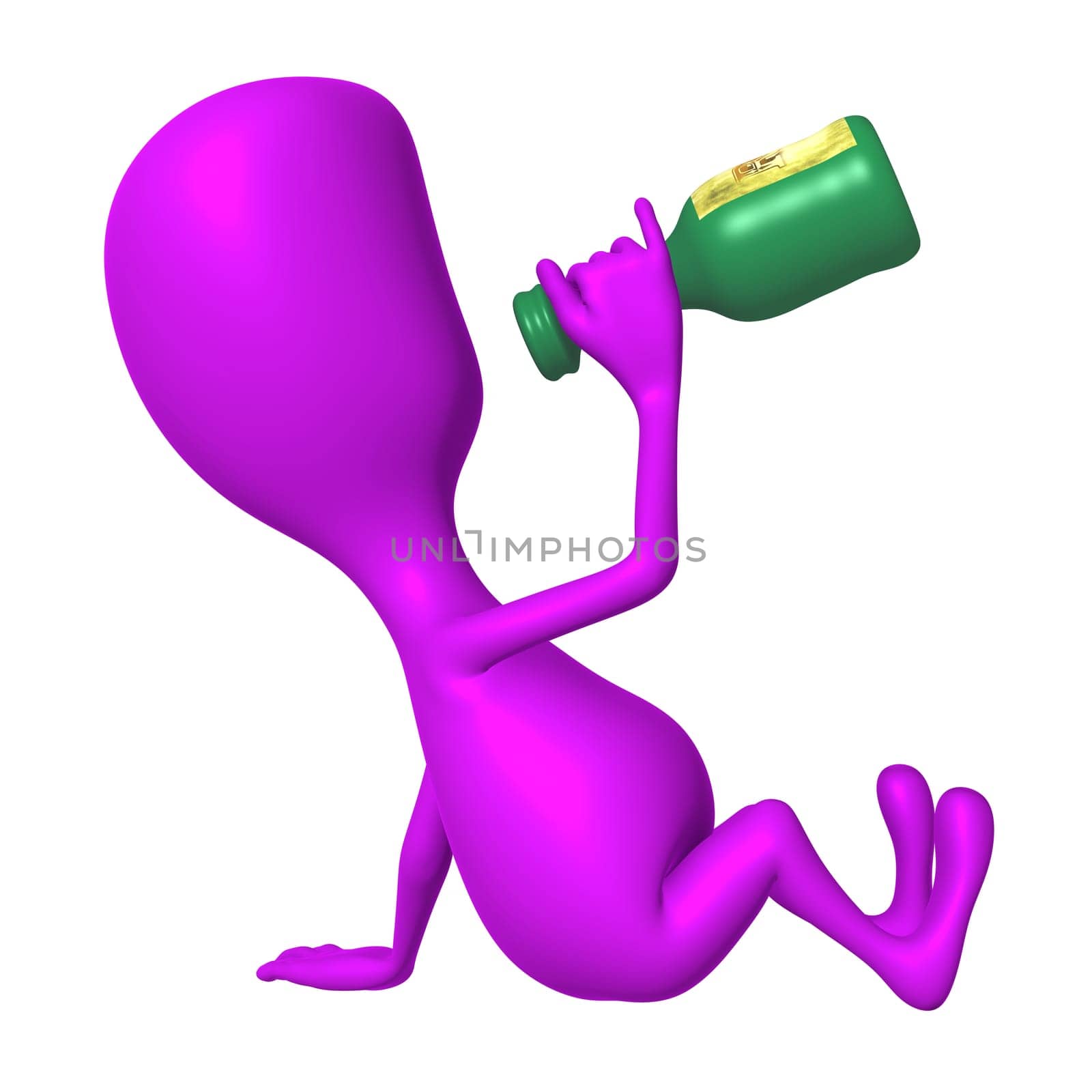 Side view pink puppet drinking from rum bottle