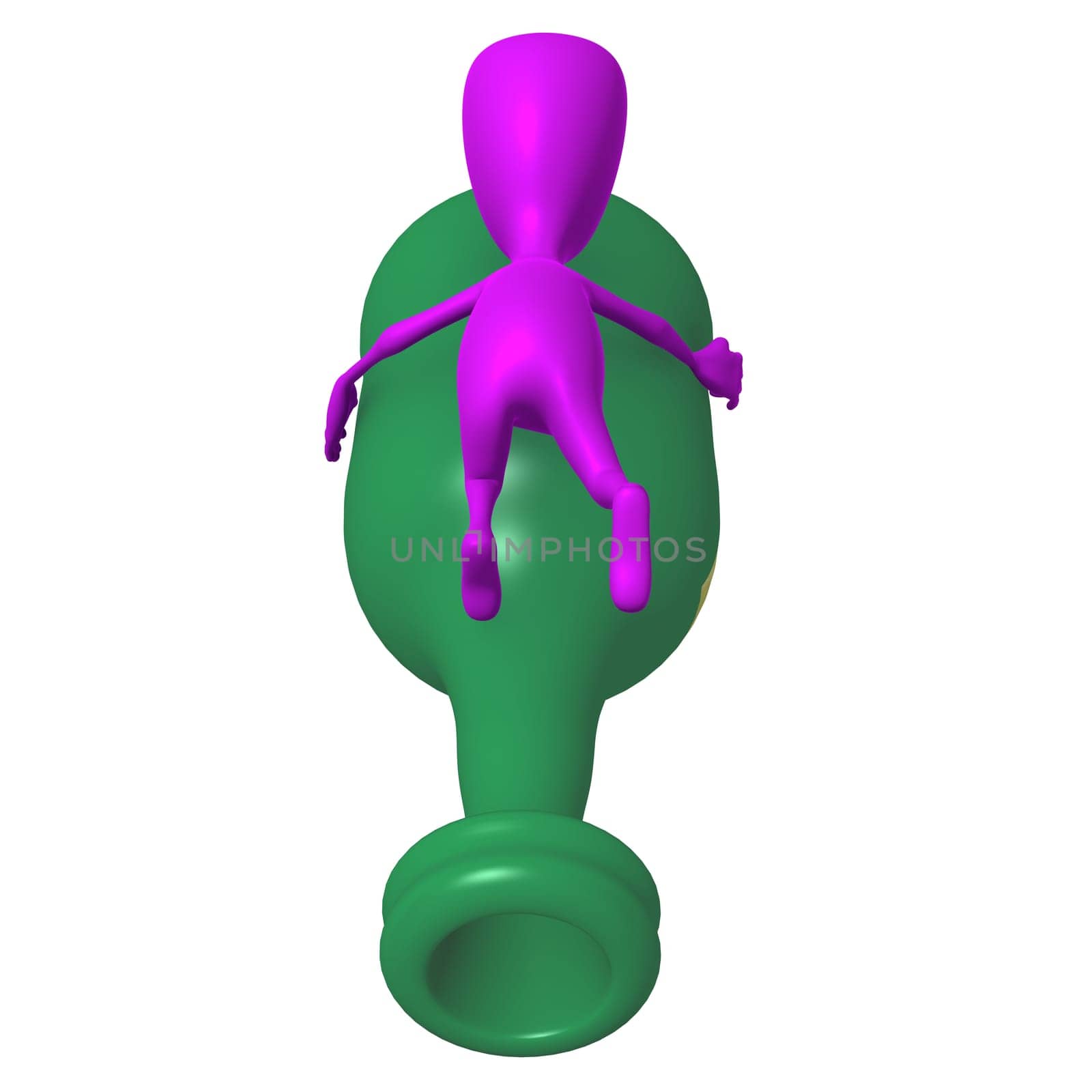 Behind view pink puppet holding after big bottle
