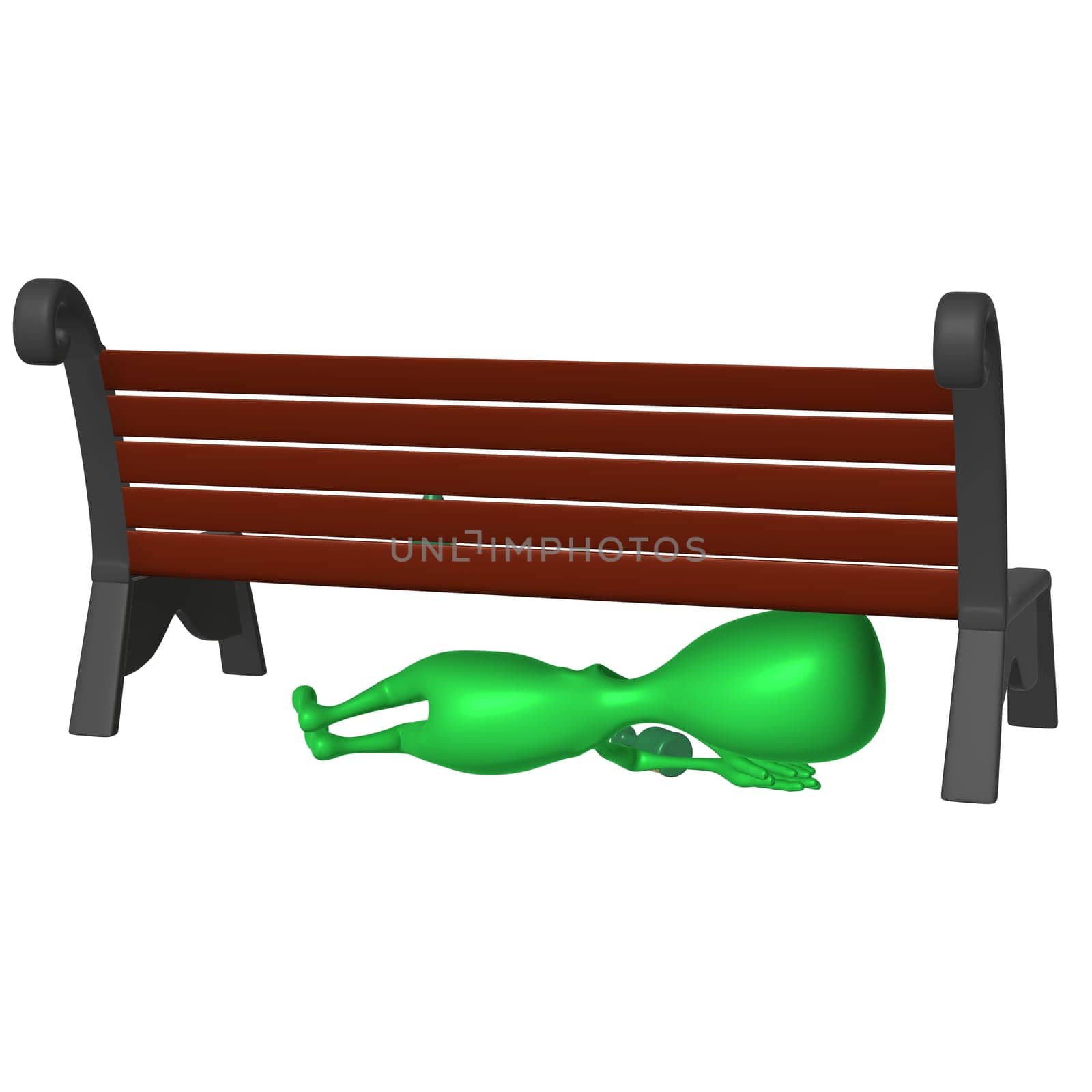 Behind view drunk green puppet sleeping under bench