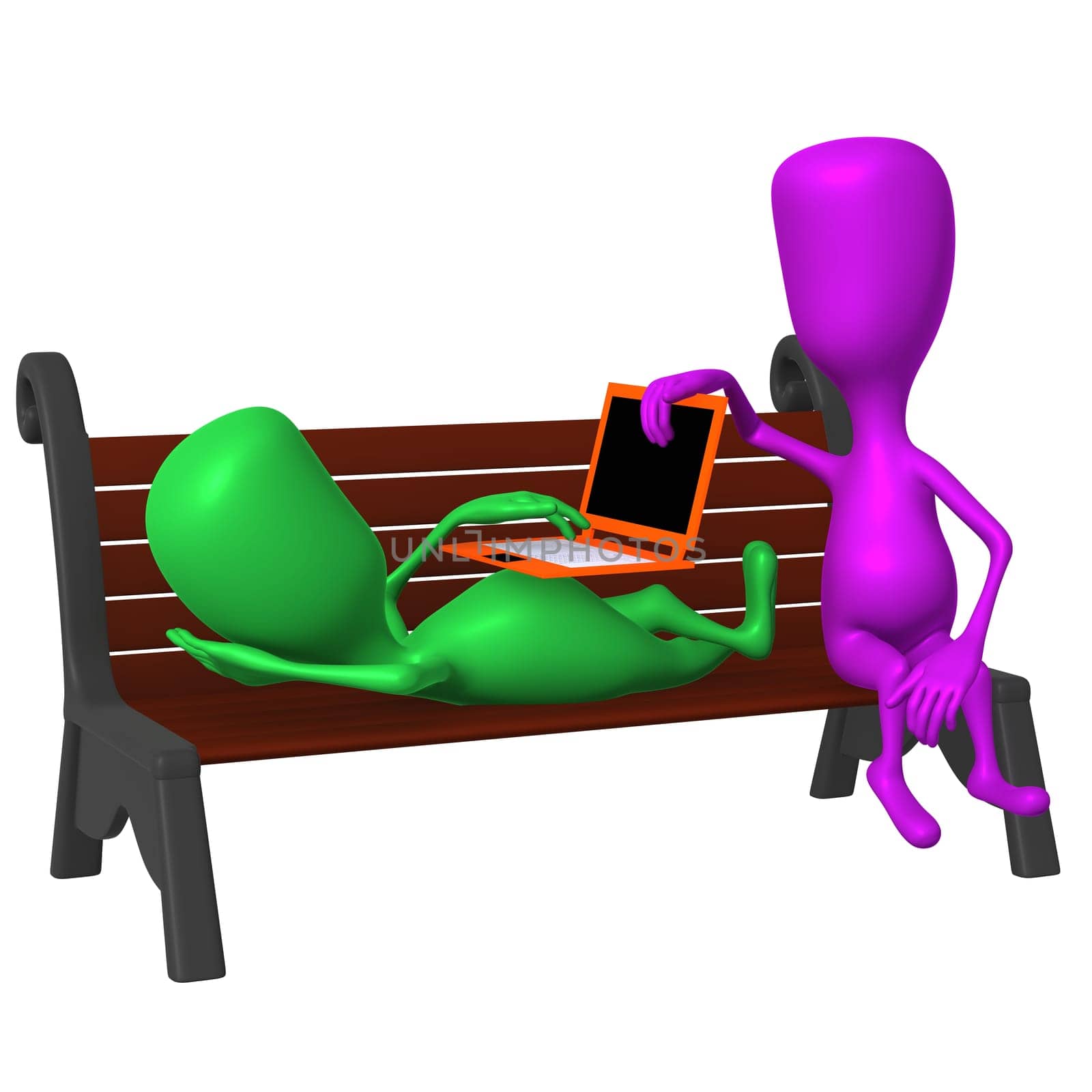 Front view puppet chat with friend on bench