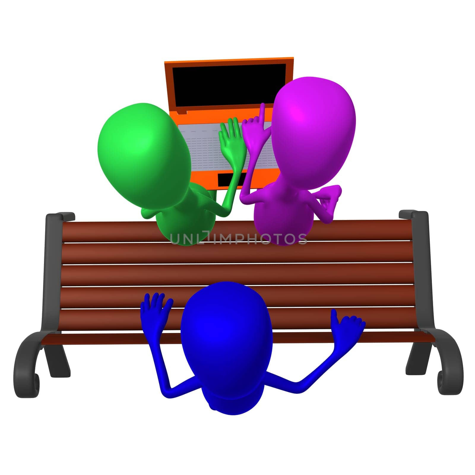 Over view puppet watching interesting movie on laptop