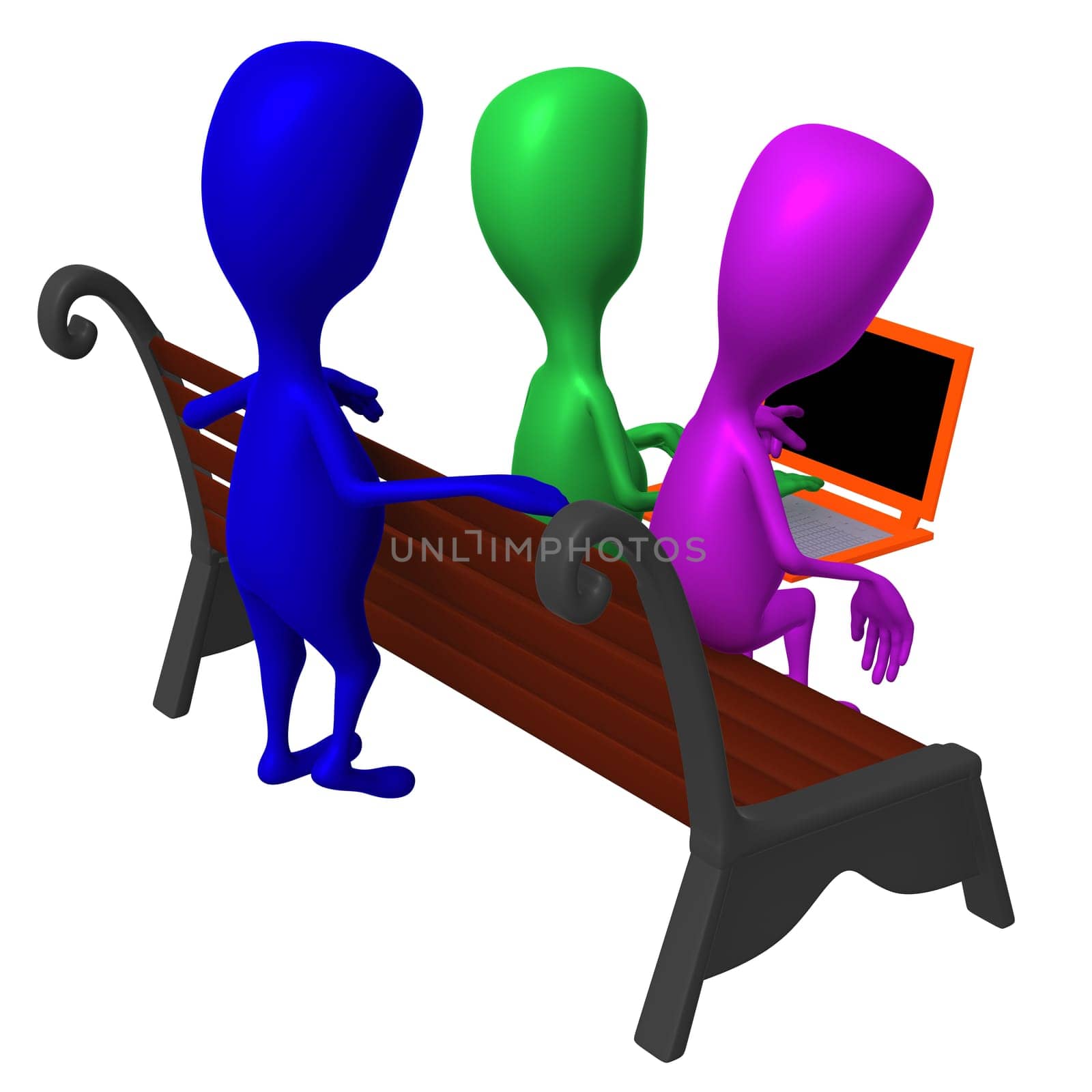 Behind view puppet watching interesting movie on laptop