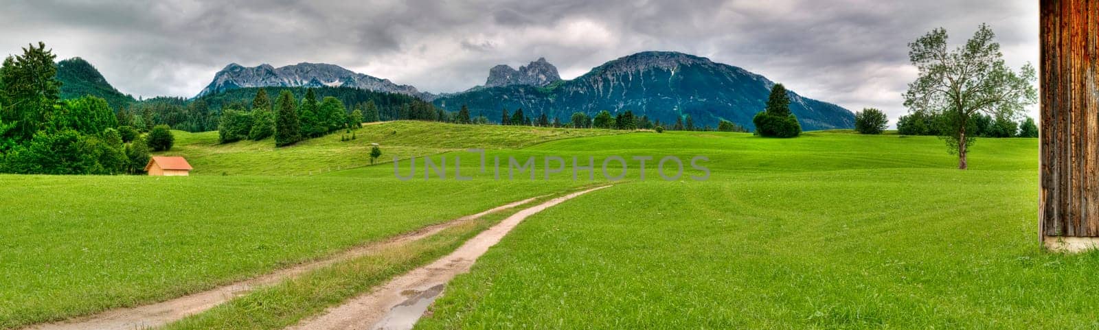 Panoramic picture in the Allgäu / Bavaria with overcast skies in summer  panoramic composed from multiple images