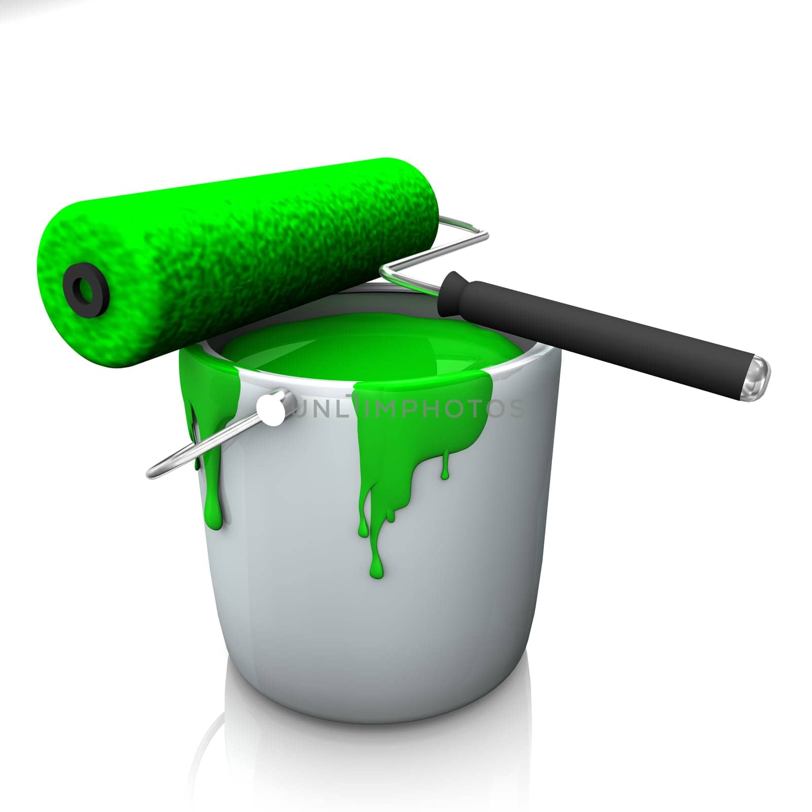 A bucket with green colour and roller on the white background.