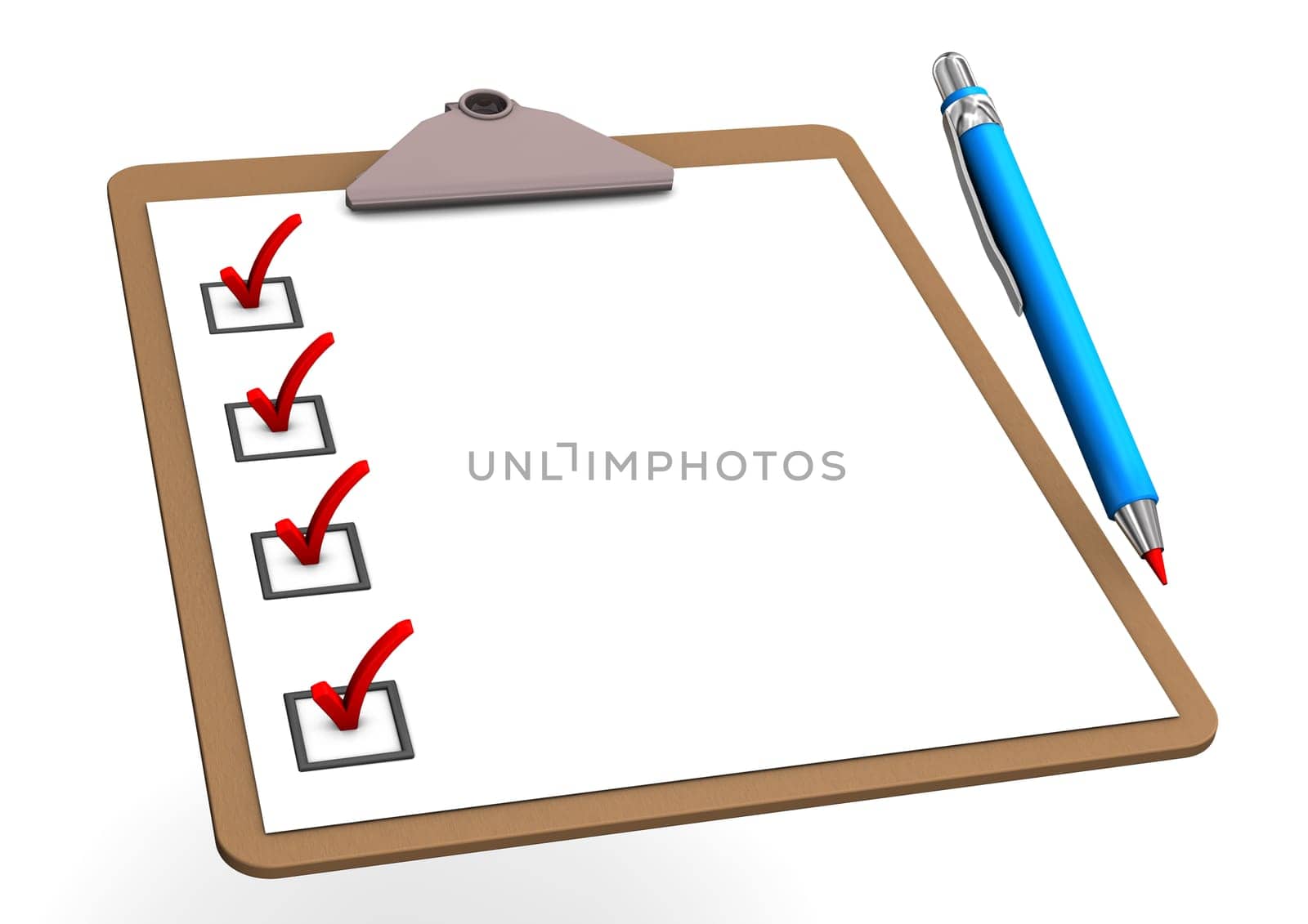 Clipboard with blue pen on the white background.