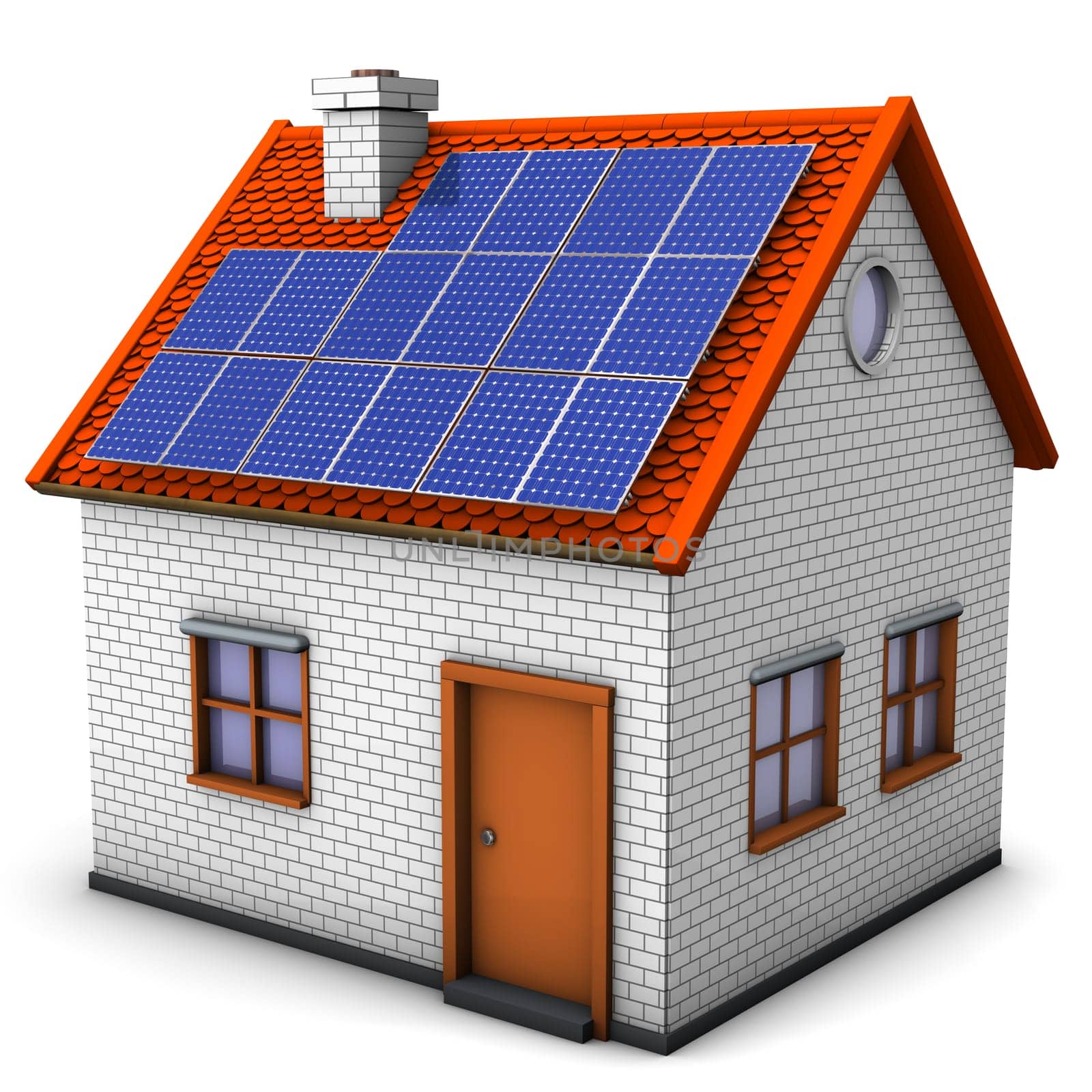 House with solar panels on the white background.