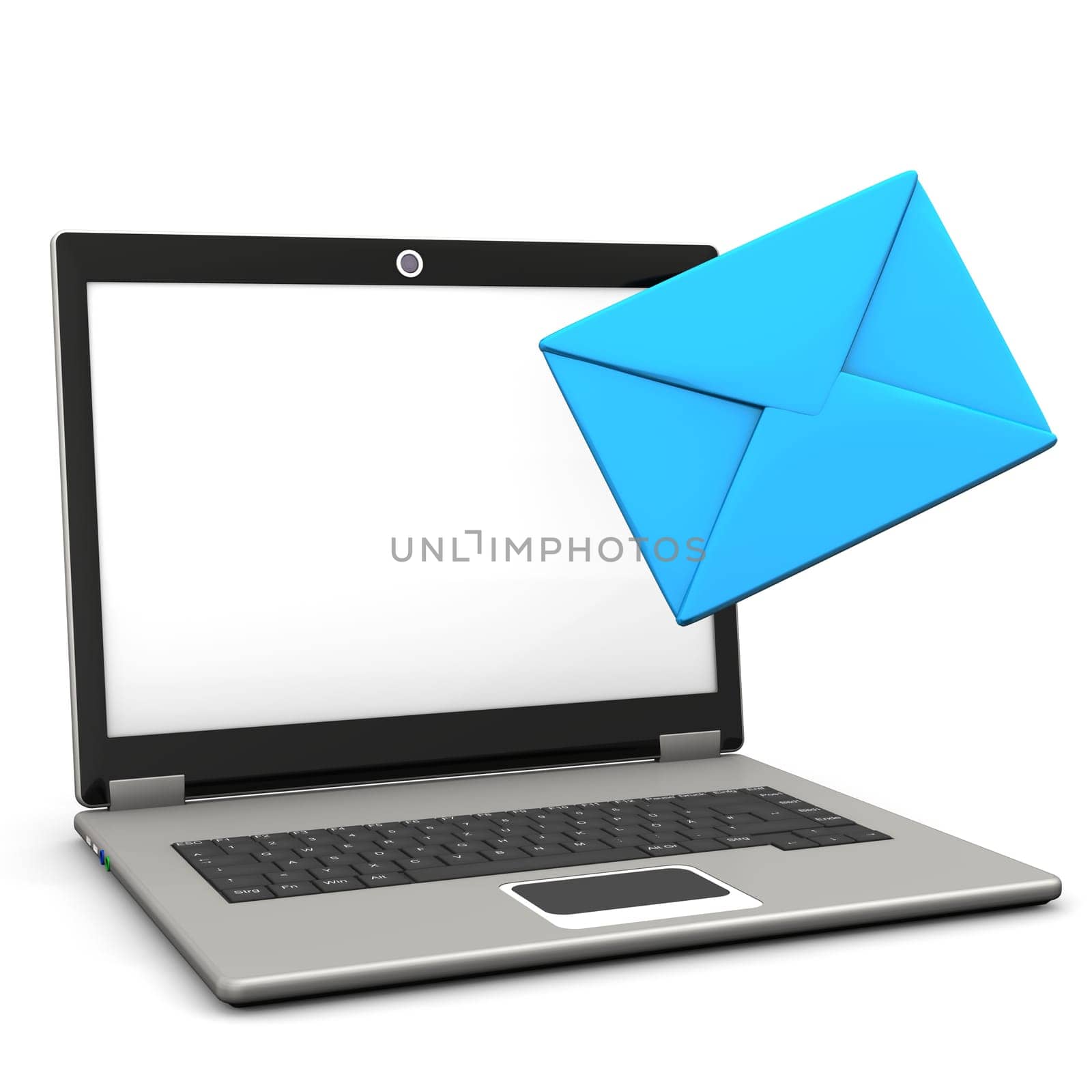 Opened notebook with white screen and blue letter. White background.