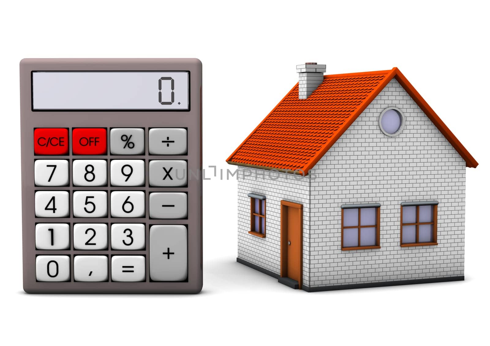 A house on the big pocket calculator. White background.