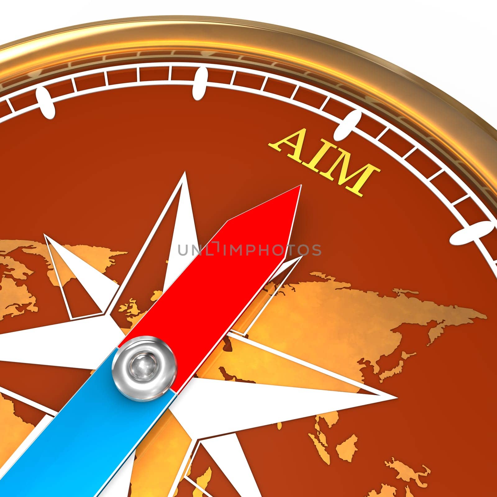 Golden compass with text "aim"". White background."