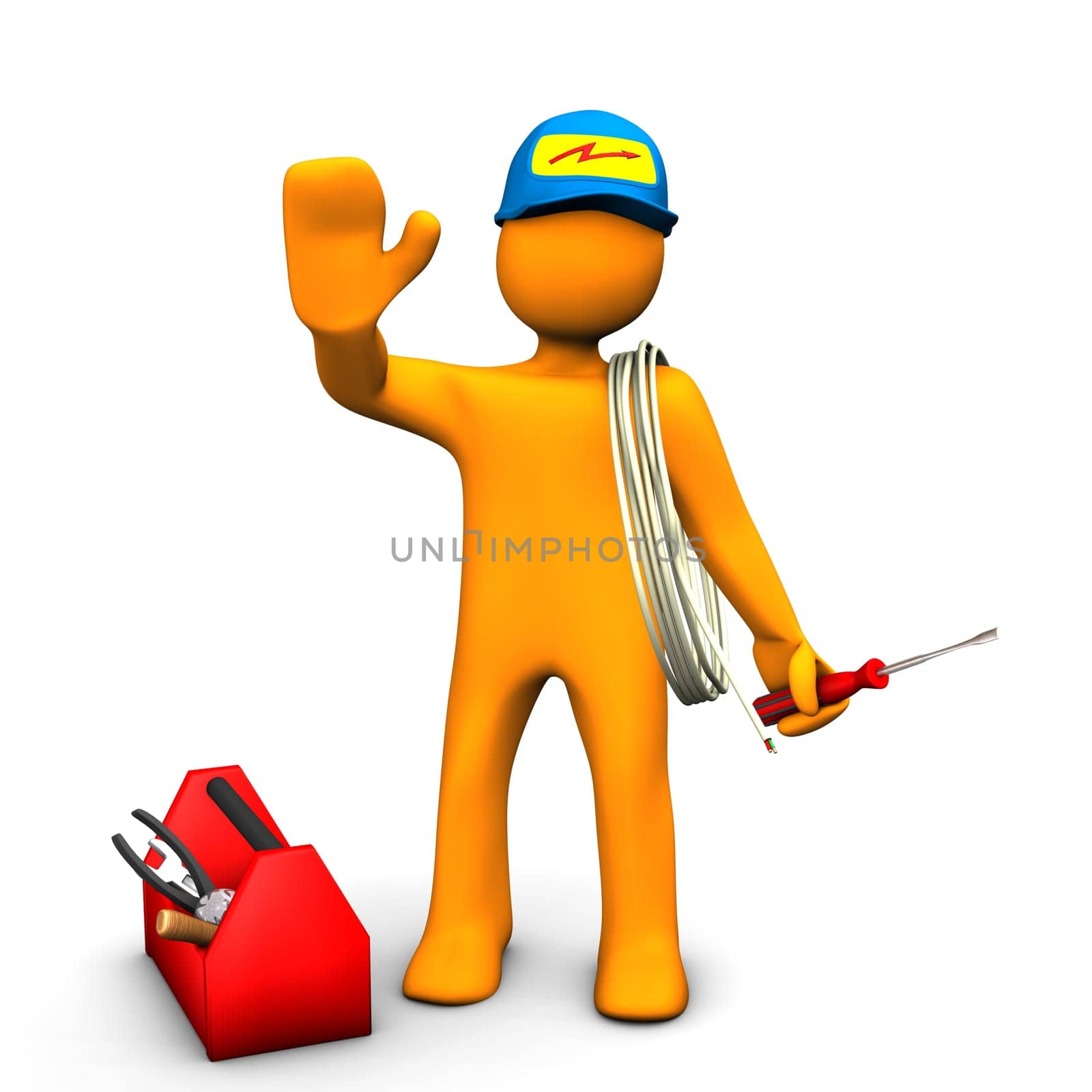 Orange cartoon character as electrician with toolbox and cable. White background.