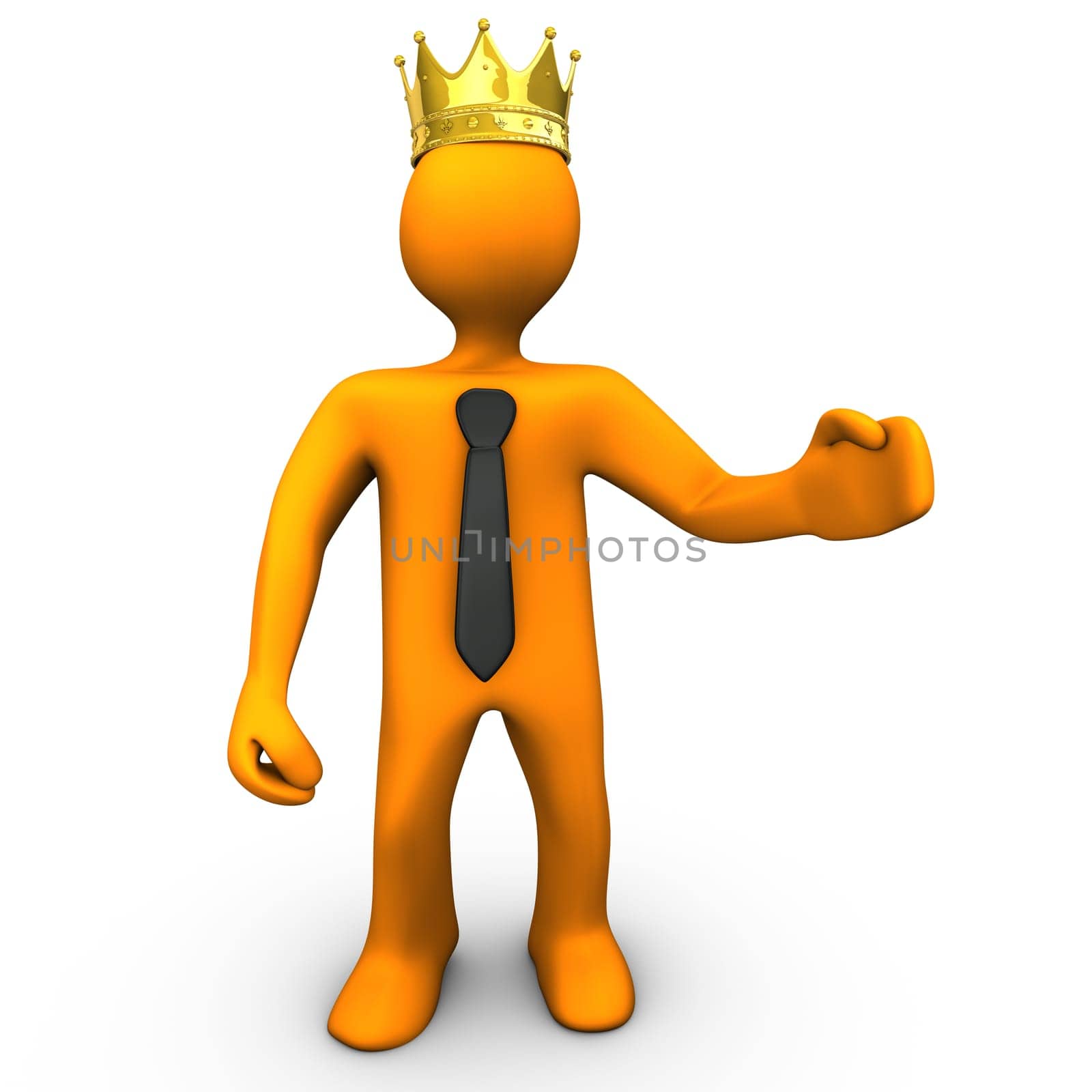 Orange cartoon character with golden crown and black tie. White background.