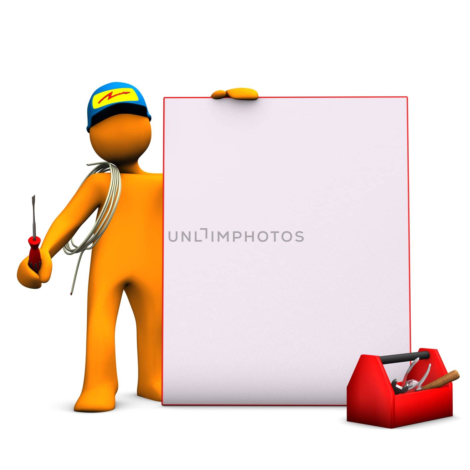 Orange cartoon character as electrician with signboard and cable. White background.
