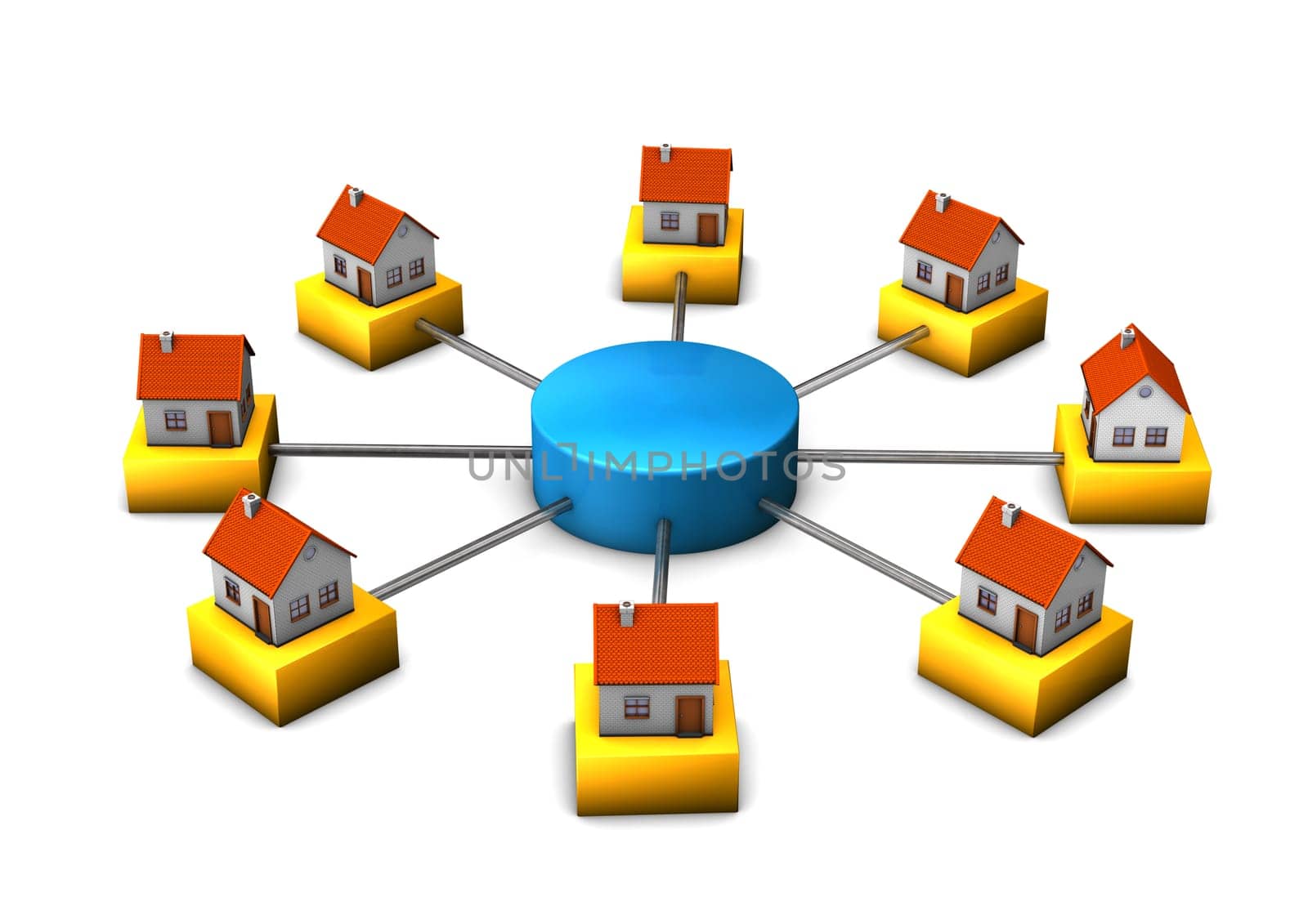 3d illustration of connected houses. White background.