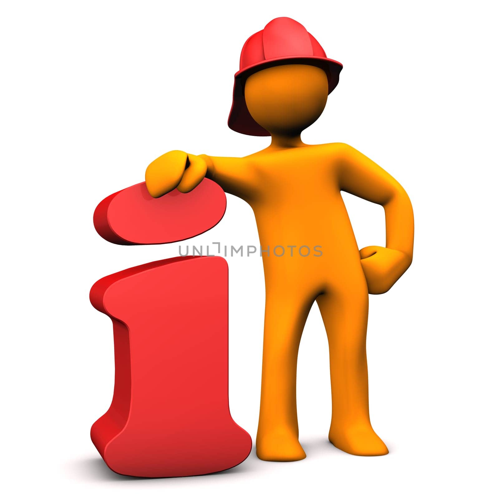 Orange cartoon character as fireman with info symbol. White background.