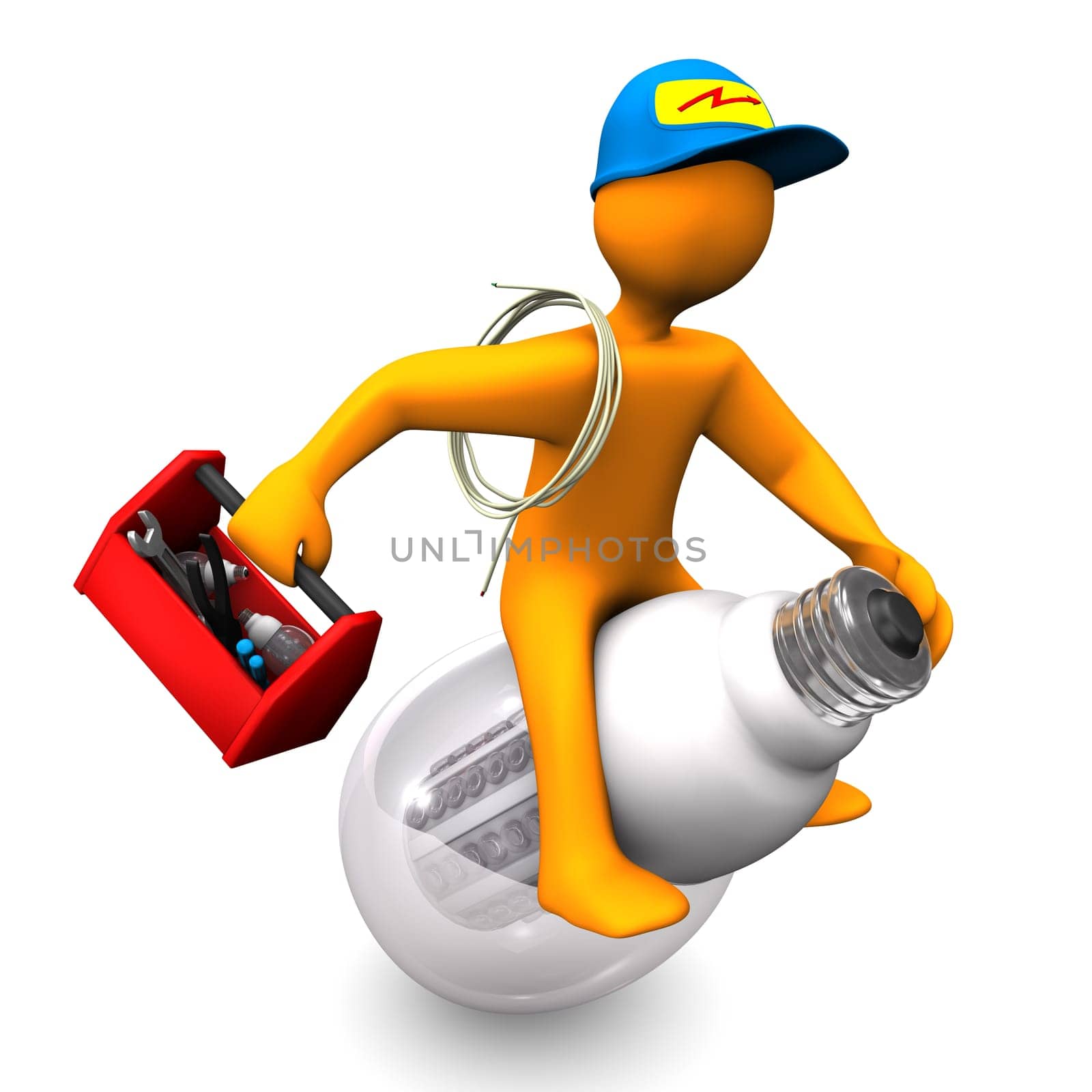 Orange cartoon character as electrician, rides on the LED-Lamp. White background.