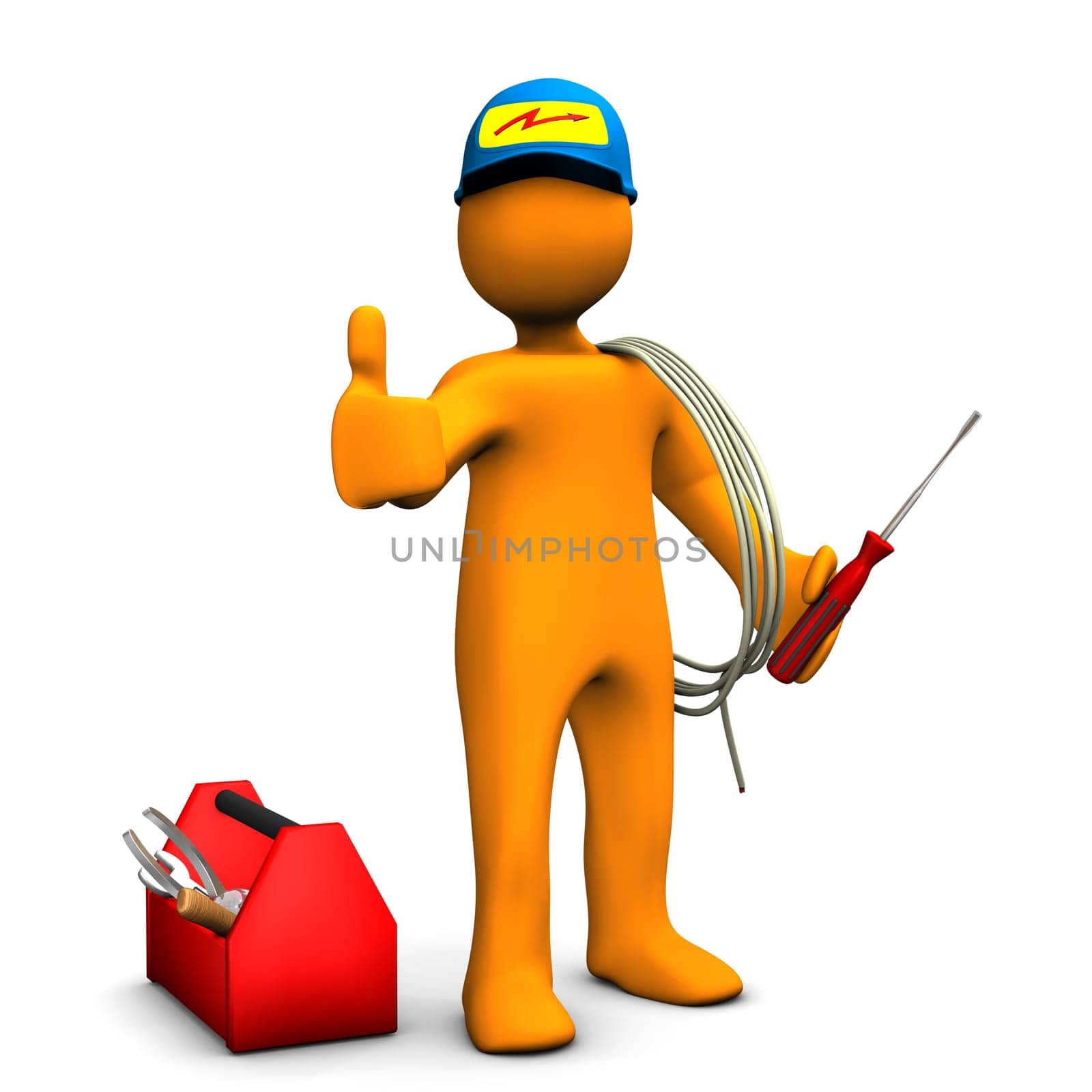 Orange cartoon character as electrician with OK Symbol. White background.