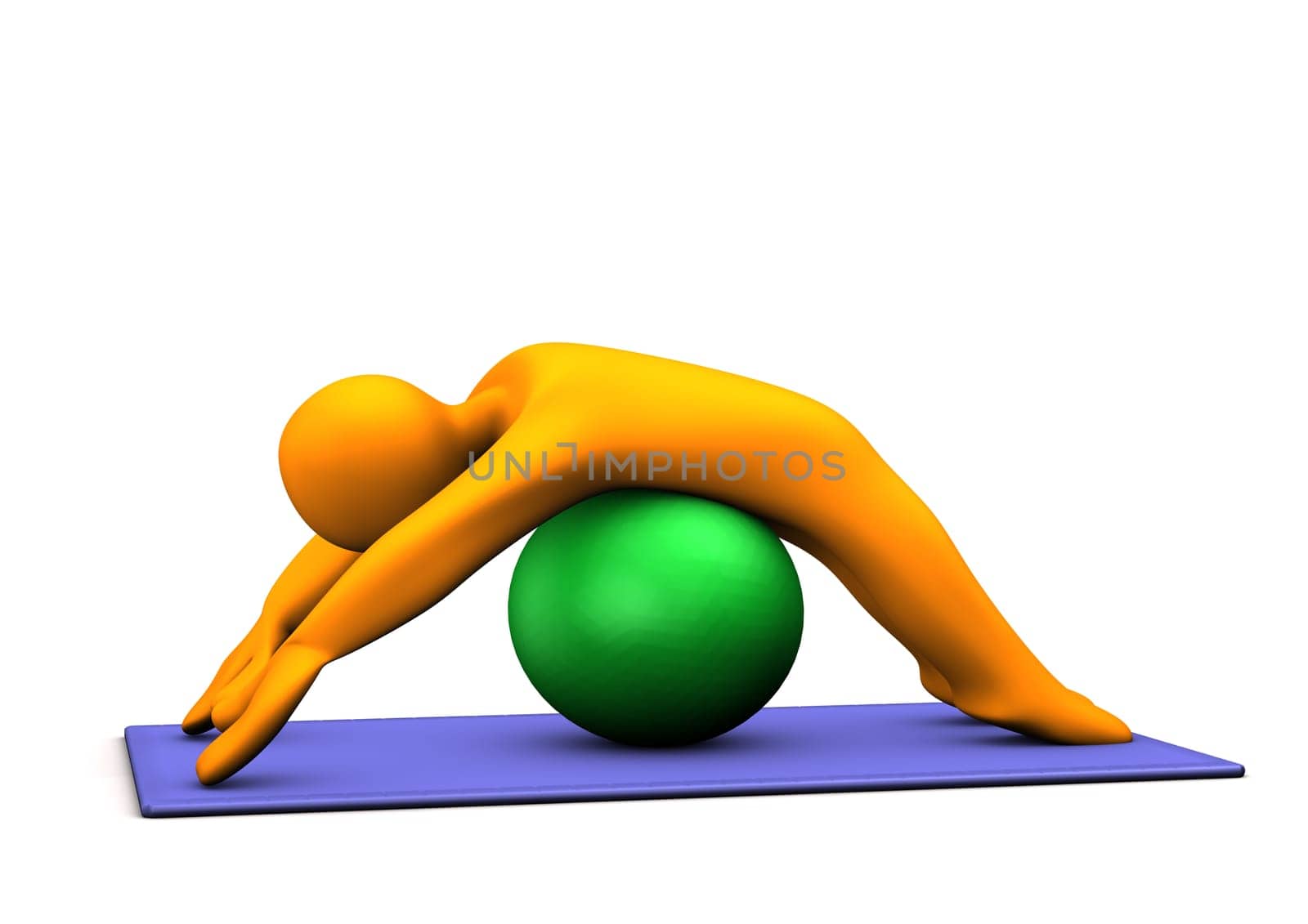 Orange cartoon character makes yoga with green medicine ball.