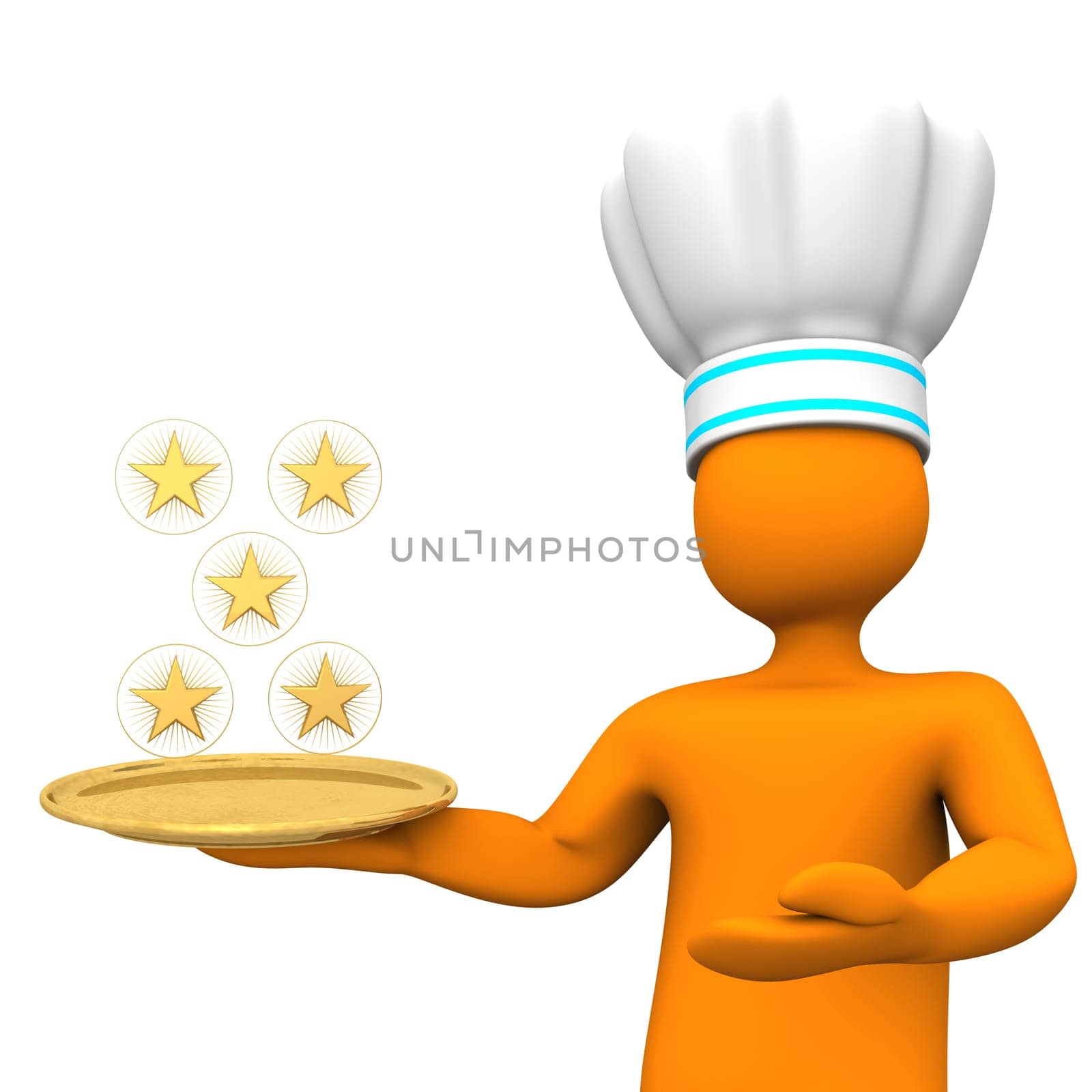 Orange cartoon character as five-star chef with golden stars. White background.