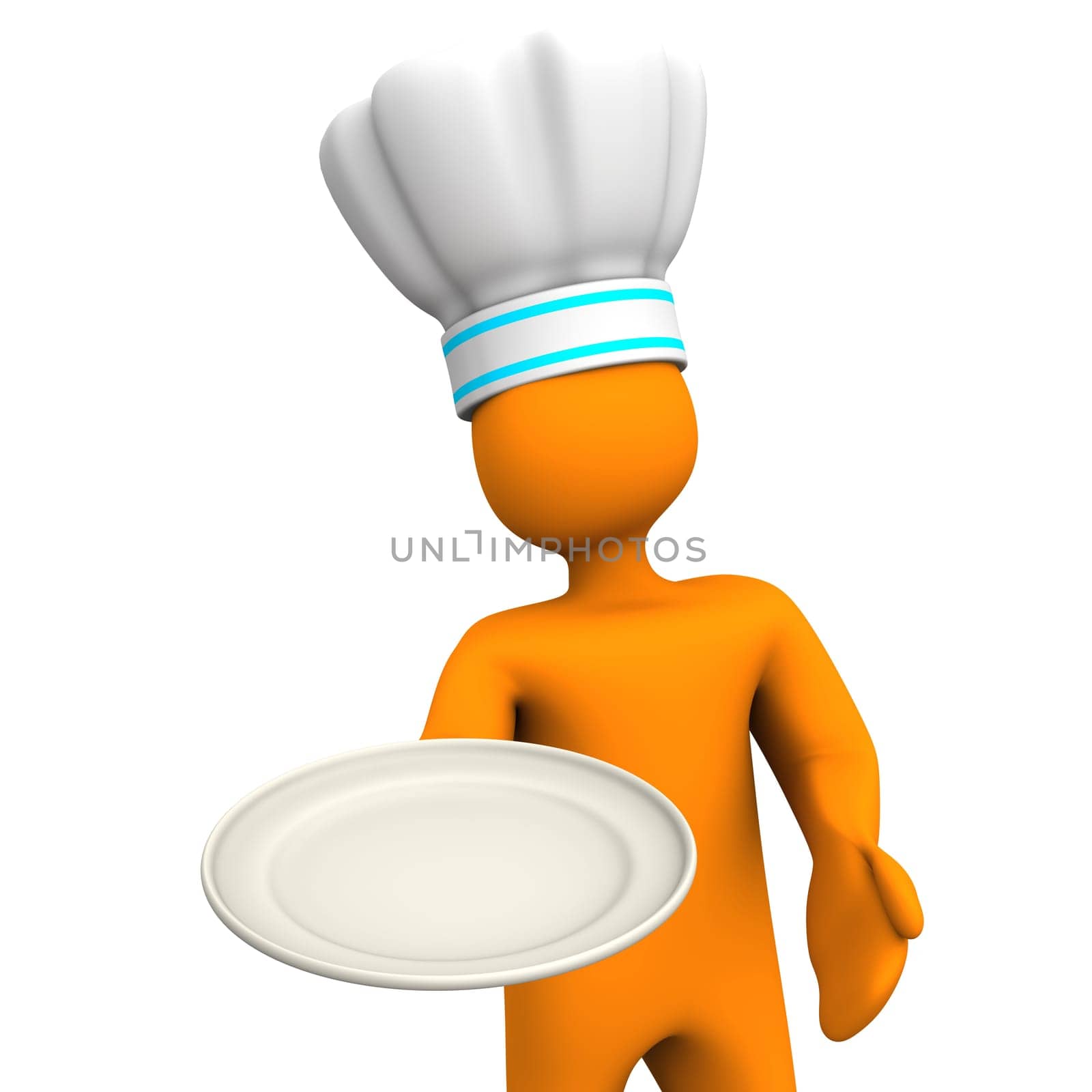 Orange cartoon character with plate. White background.