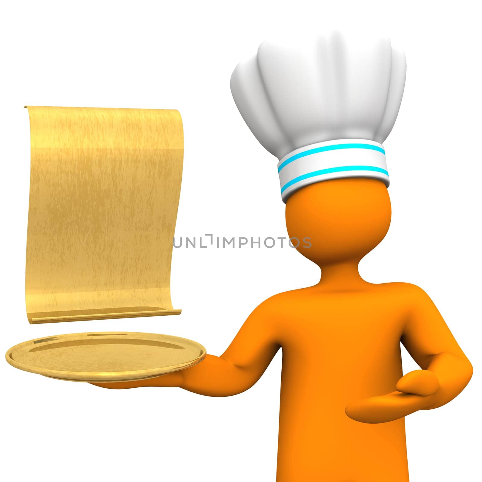 Orange cartoon character with golden menu card and plate. White background.