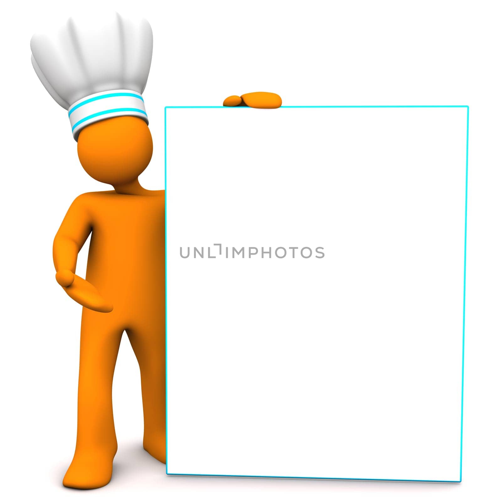 Orange cartoon character as chef with white signboard. White background.