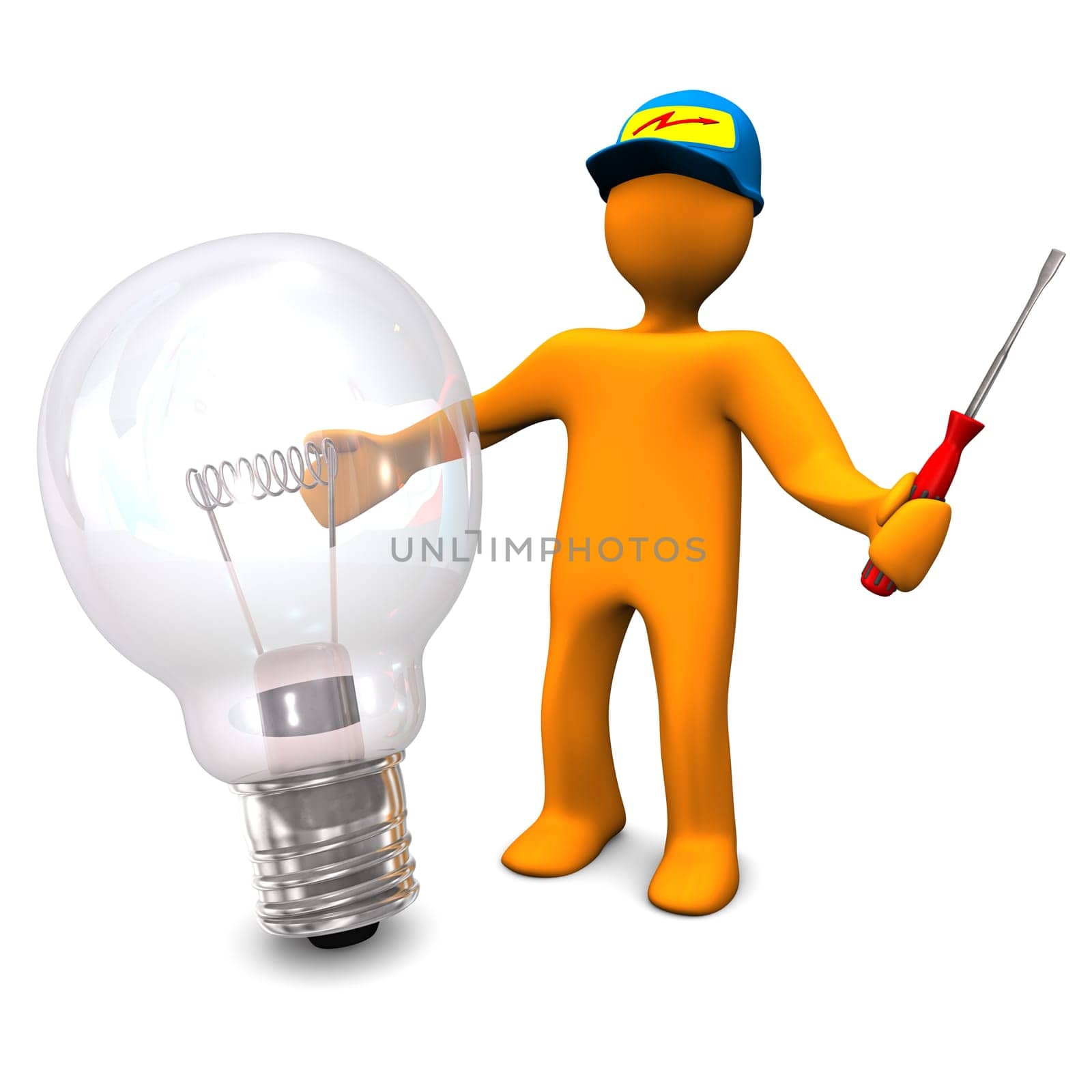 Orange cartoon character as electrician phones with old lamp. White background.