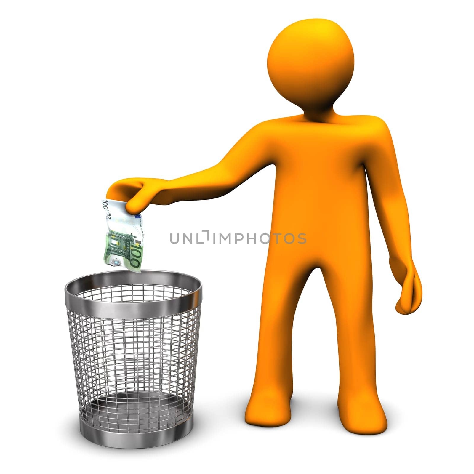 Orange cartoon character throws european banknote in the wastebasket.