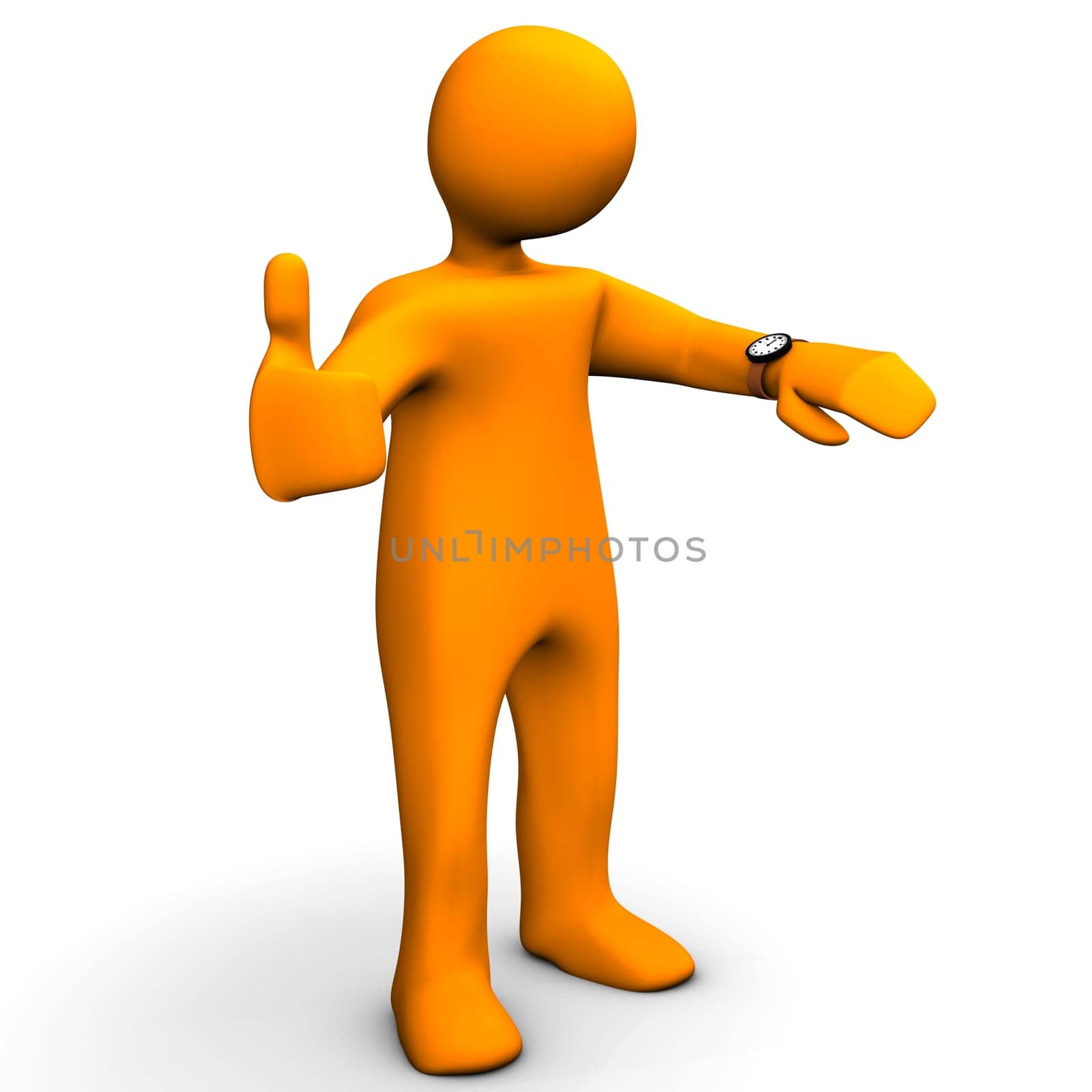 Orange cartoon with the watch and symbol of OK.