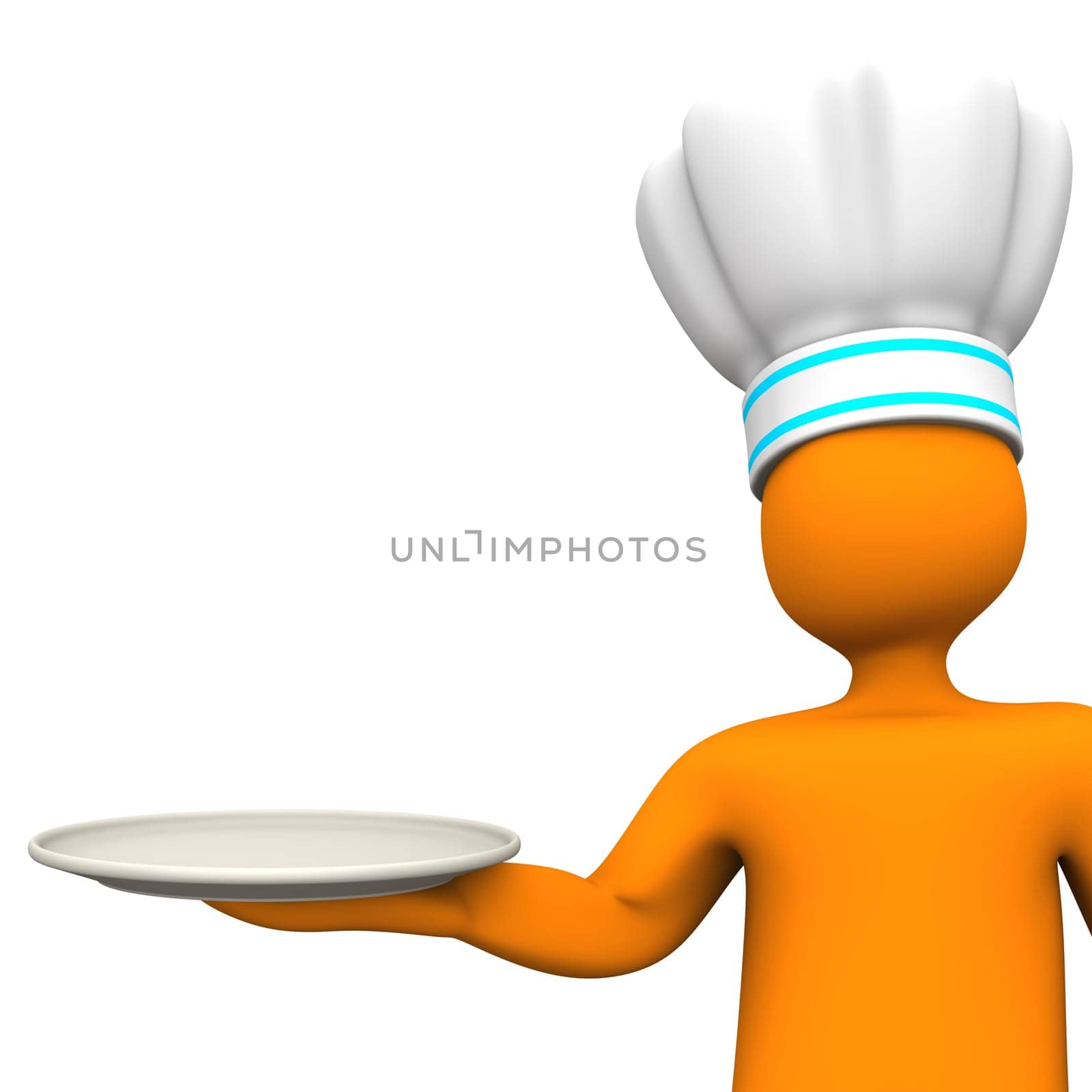 Orange cartoon character as chef with empty plate. White background.