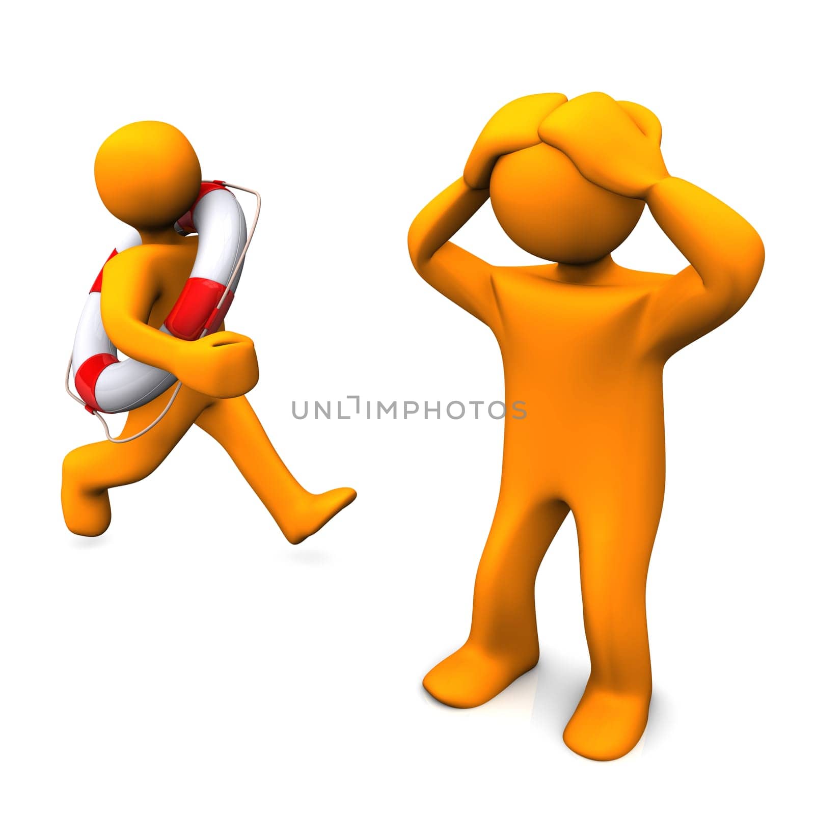 Two orange cartoons with a lifebelt. White background.