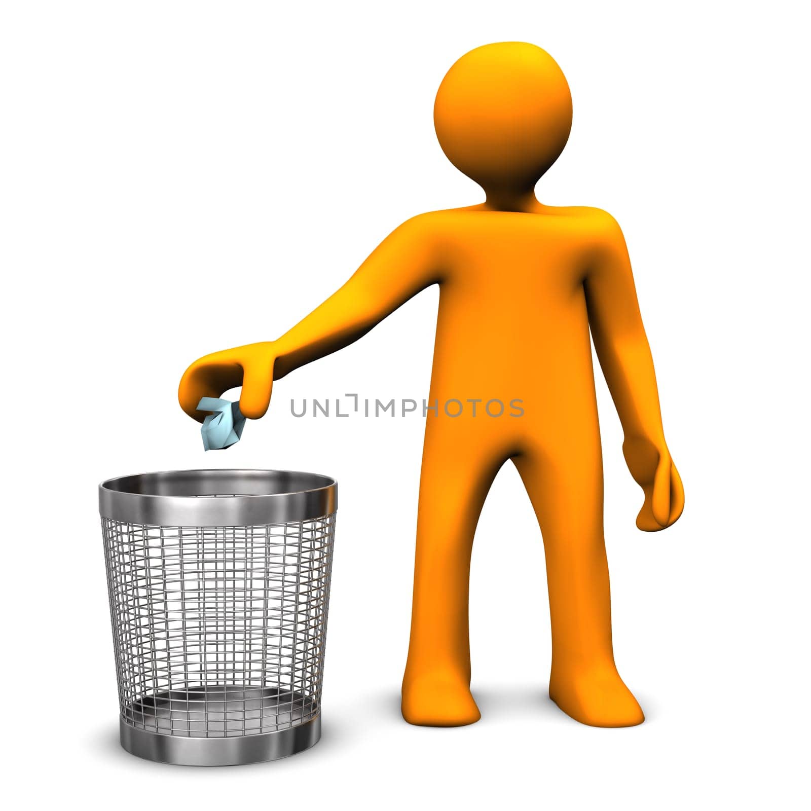 Orange cartoon character throws crumpled paper in the wastebasket.