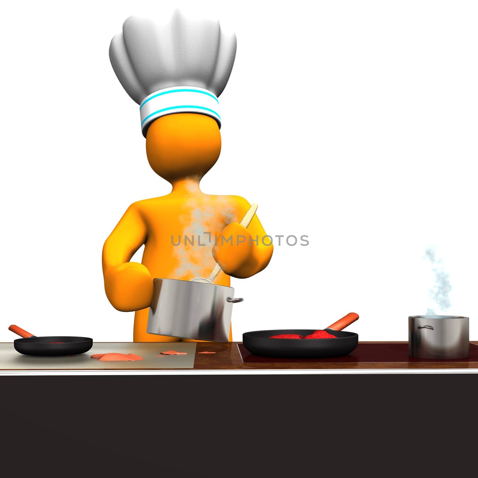 Orange cartoon character as cook in the kitchen.