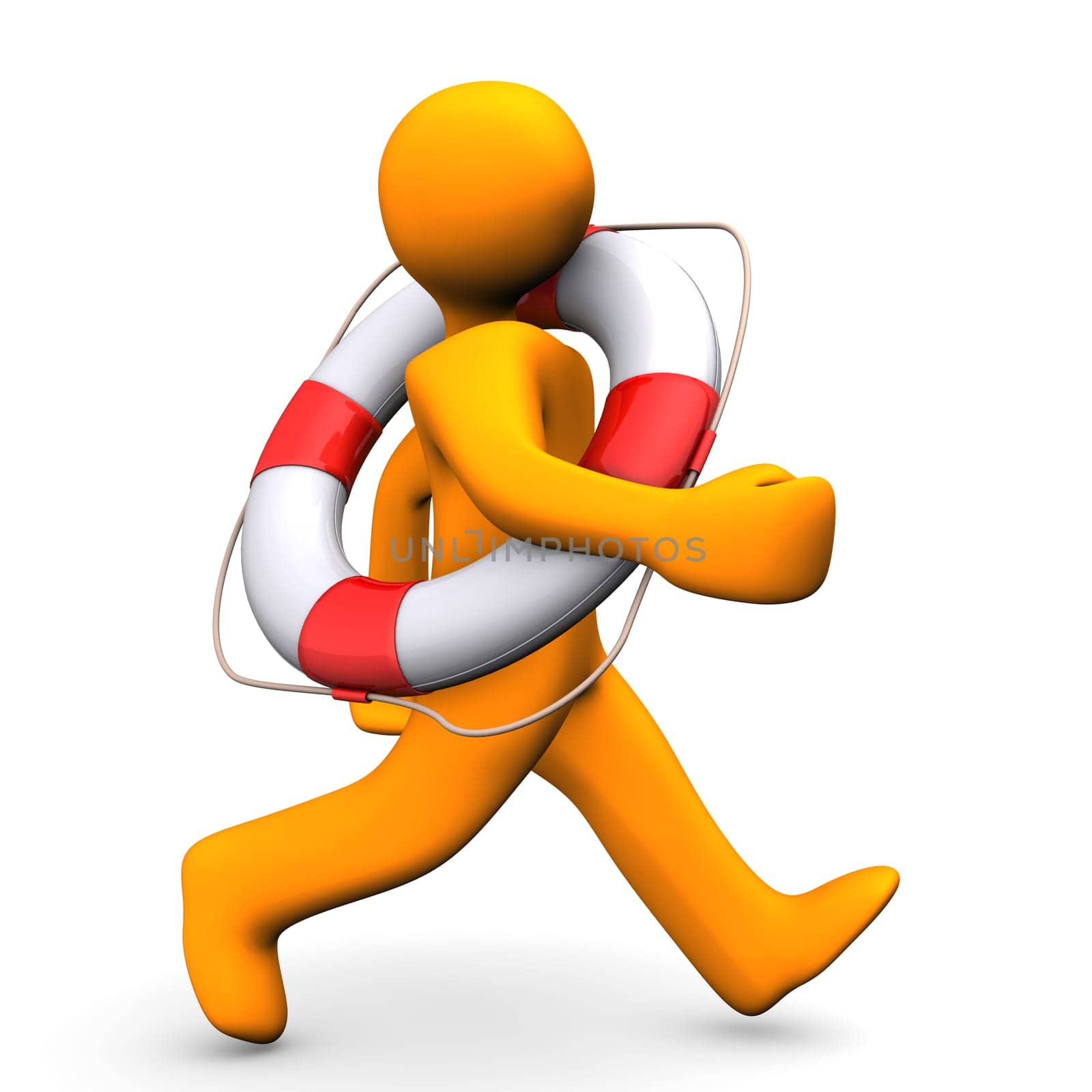 Orange cartoon character runs with lifebelt. White background.
