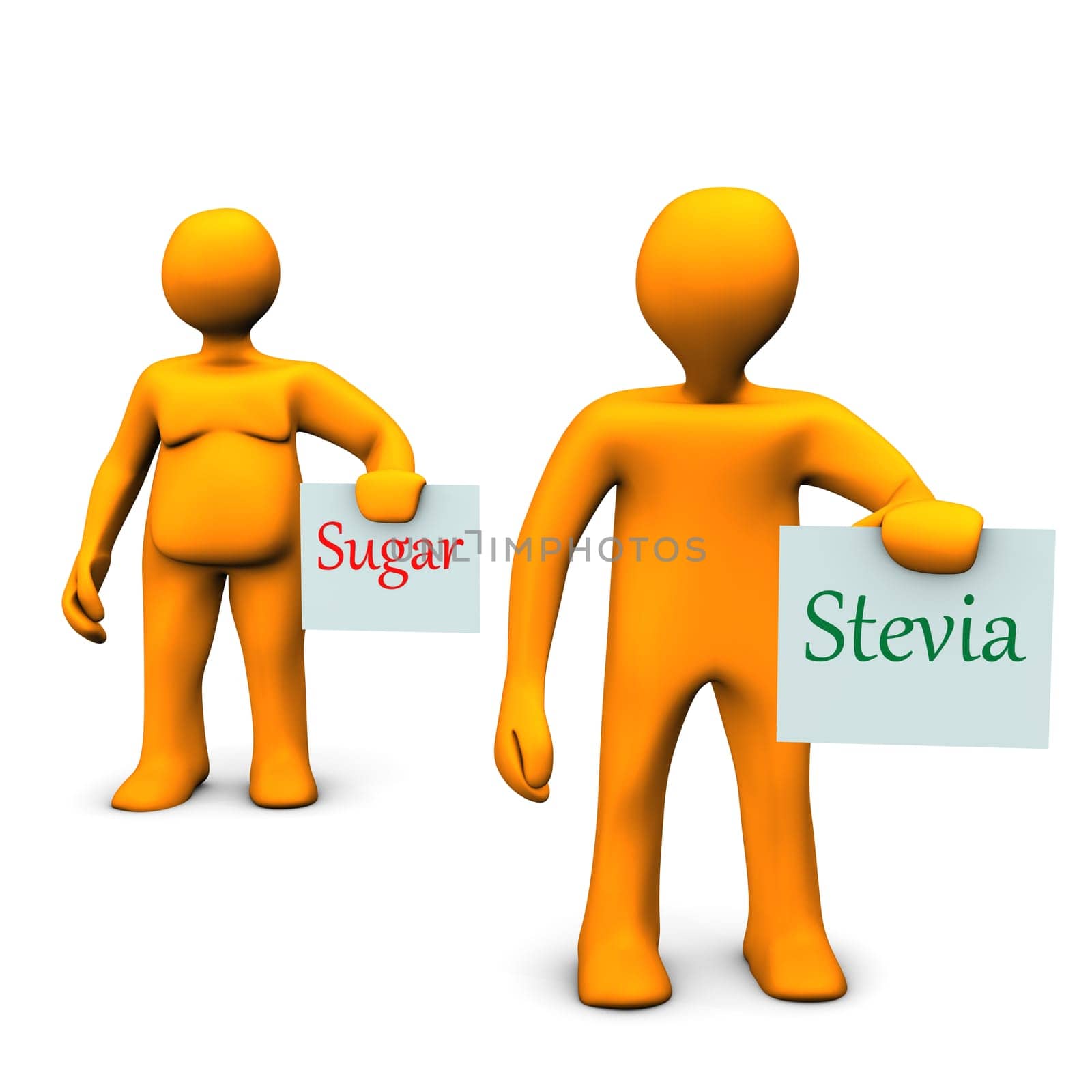 Orange cartoon characters with stevia and sugar.