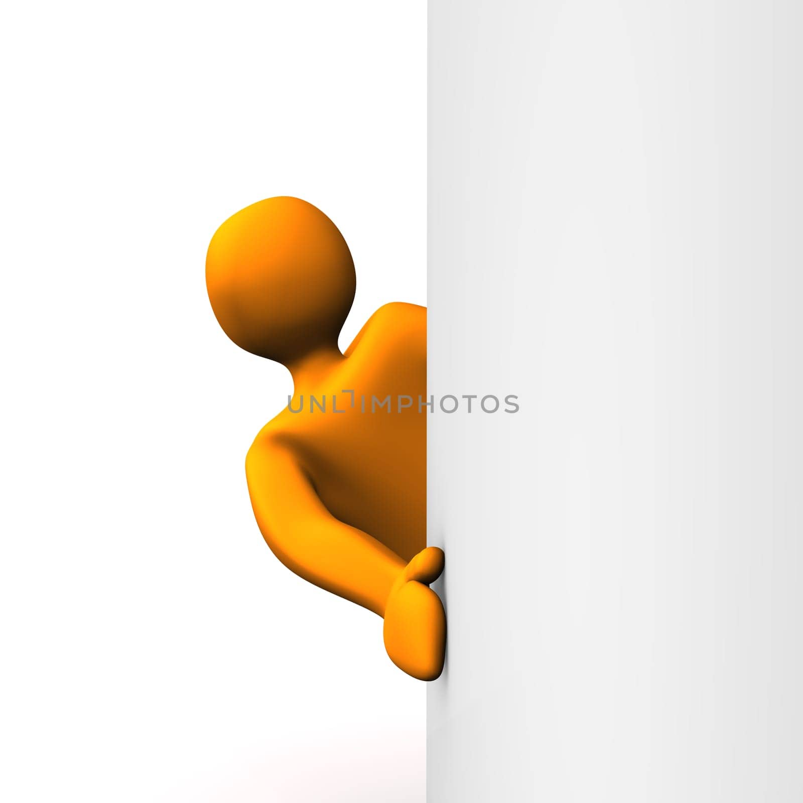 Orange cartoon as stalker on the white background.