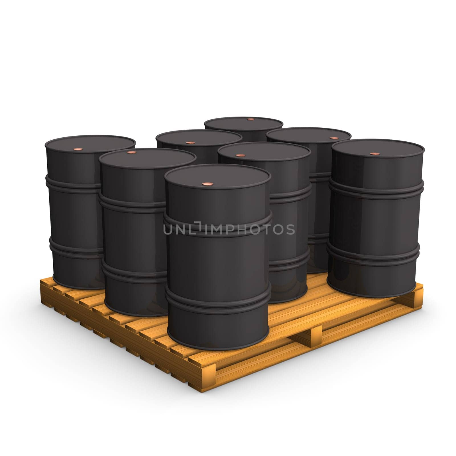Pallet with oil barrels on the white background.