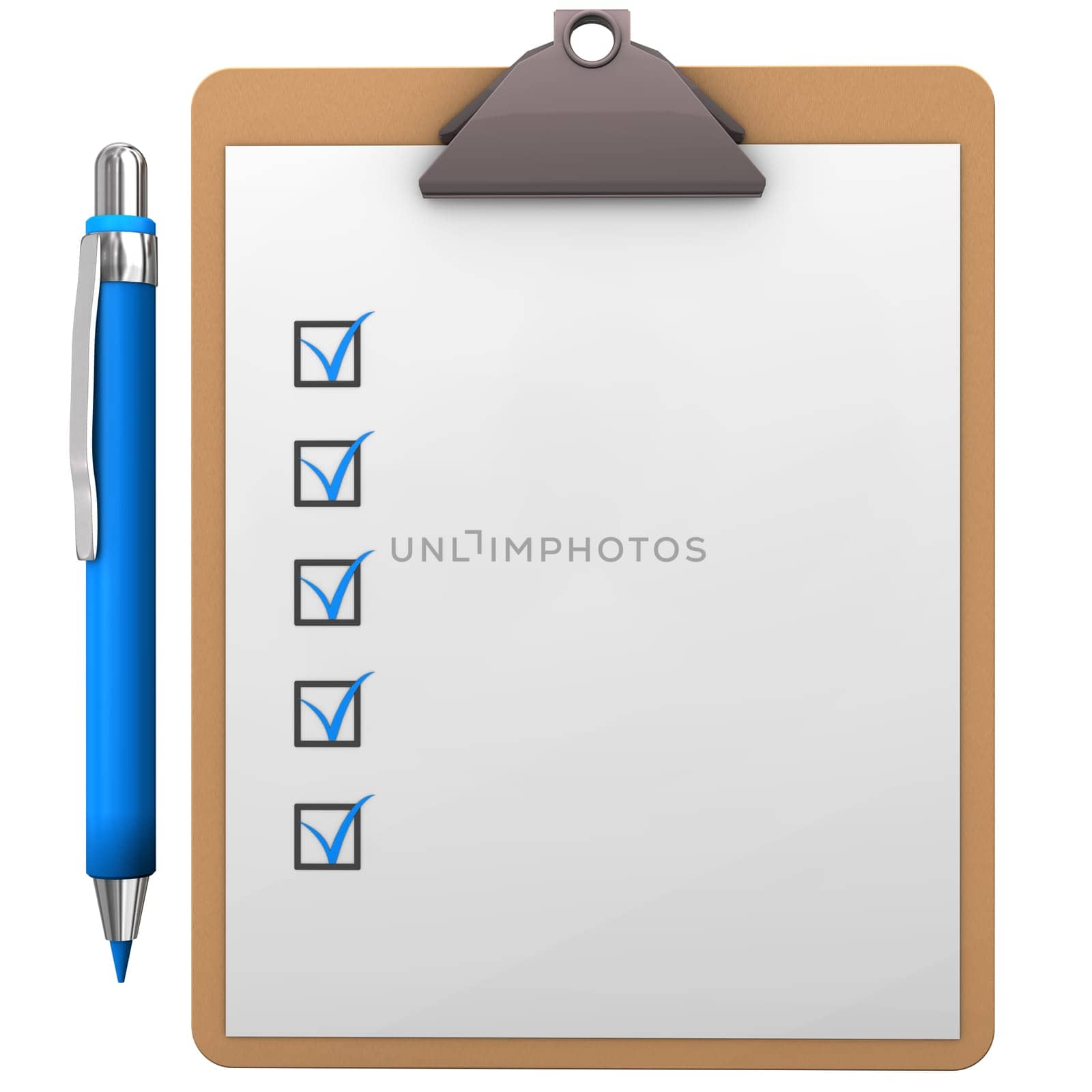 Clipboard with blue pen on the white background.